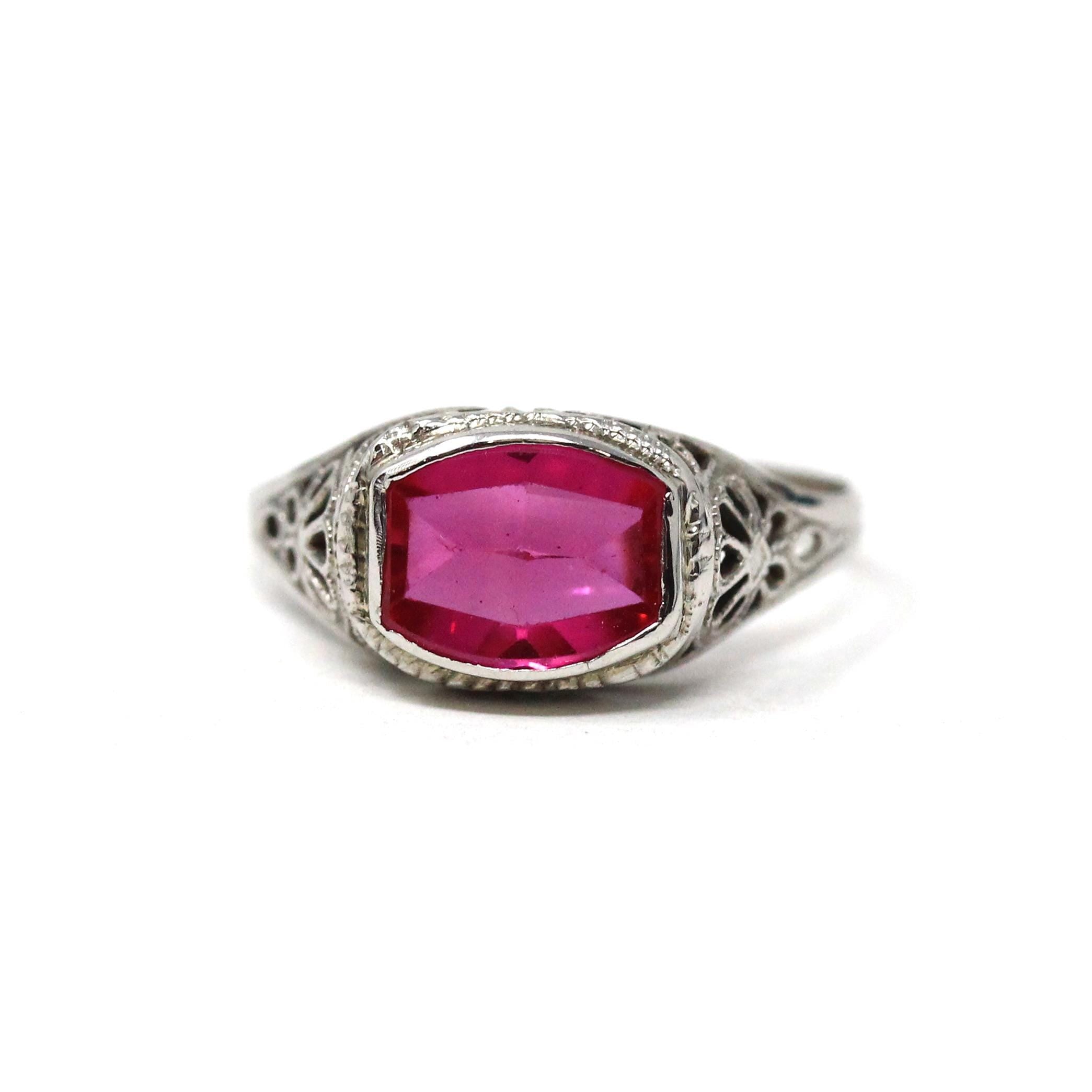 Art Deco Ring - Vintage 14k White Gold Filigree Created Red Ruby Filigree Statement - Circa 1930s Era Size 6 July Birthstone Fine Jewelry