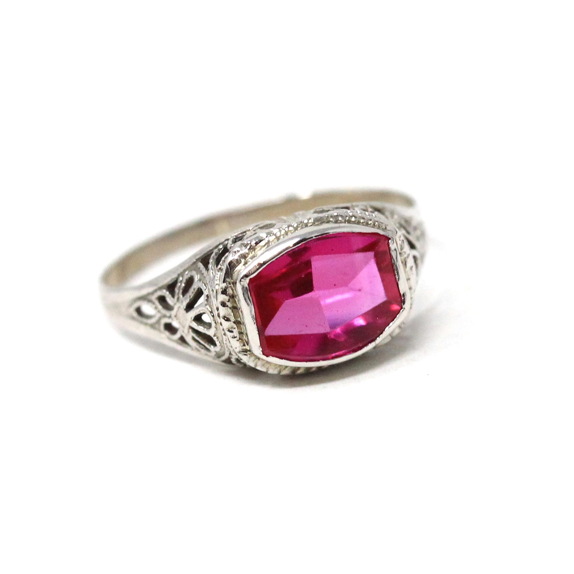 Art Deco Ring - Vintage 14k White Gold Filigree Created Red Ruby Filigree Statement - Circa 1930s Era Size 6 July Birthstone Fine Jewelry
