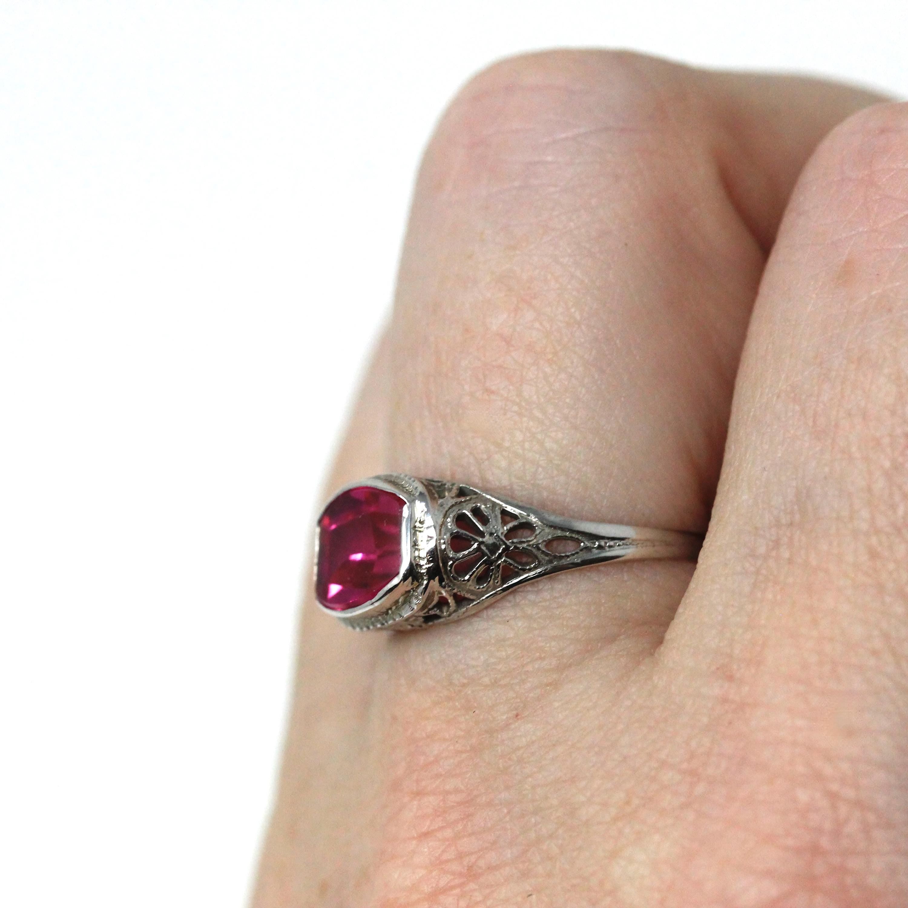 Art Deco Ring - Vintage 14k White Gold Filigree Created Red Ruby Filigree Statement - Circa 1930s Era Size 6 July Birthstone Fine Jewelry