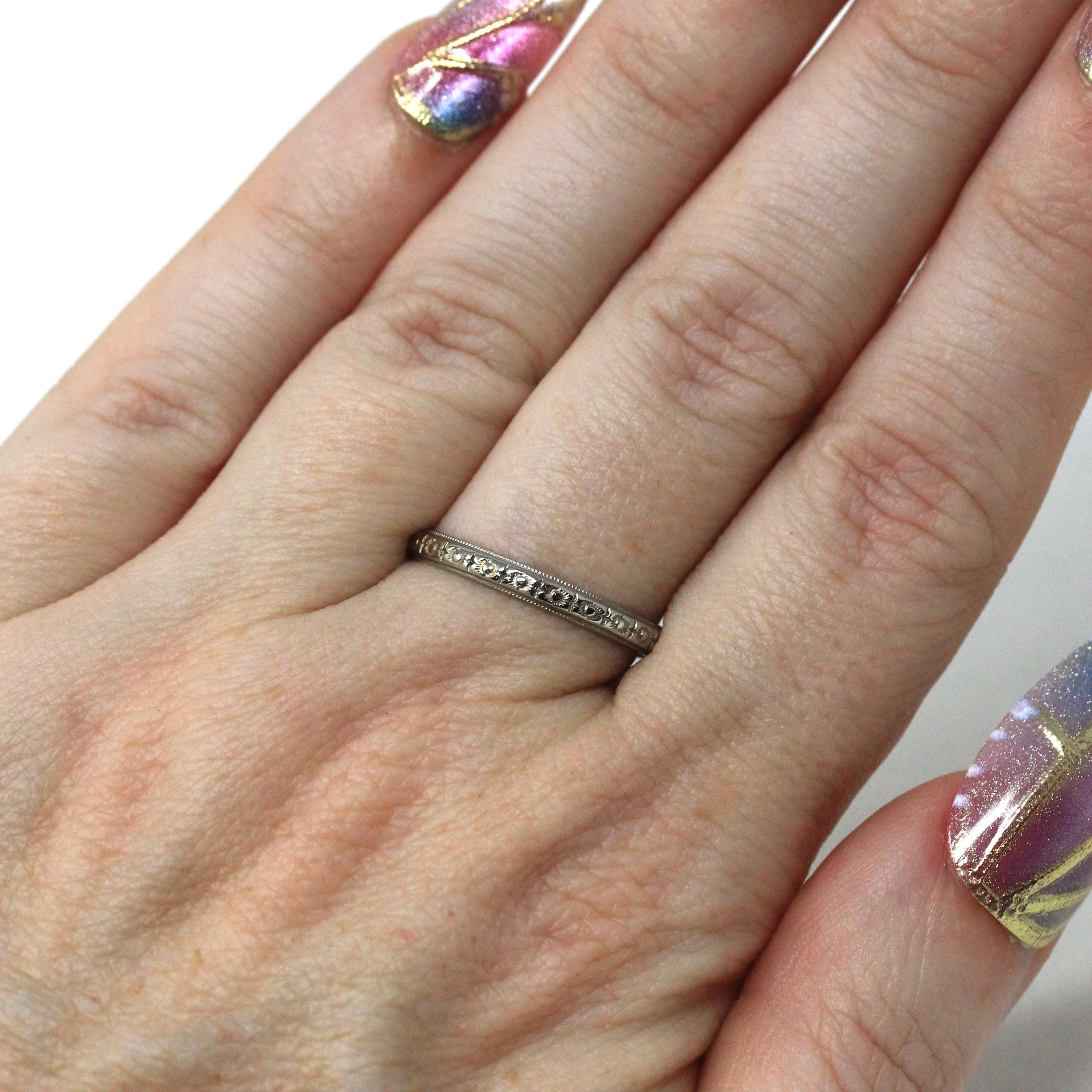 Antique Wedding Band - Art Deco 18k White Gold "T.O.M. to H.P. 10-15-27" Eternity Flower Ring - Vintage 1920s Size 7 1/4 Bridal Fine Jewelry