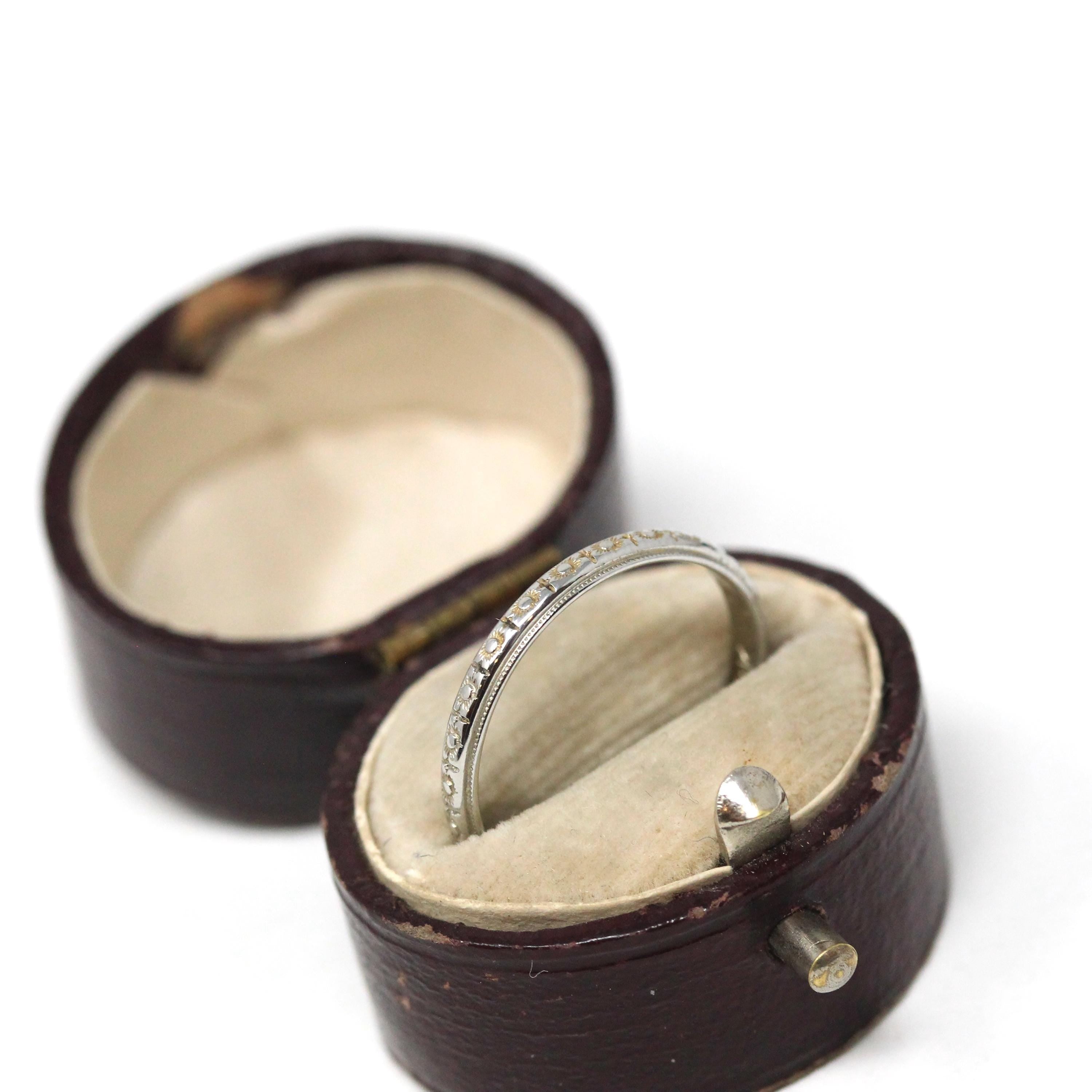 Antique Wedding Band - Art Deco 18k White Gold "T.O.M. to H.P. 10-15-27" Eternity Flower Ring - Vintage 1920s Size 7 1/4 Bridal Fine Jewelry