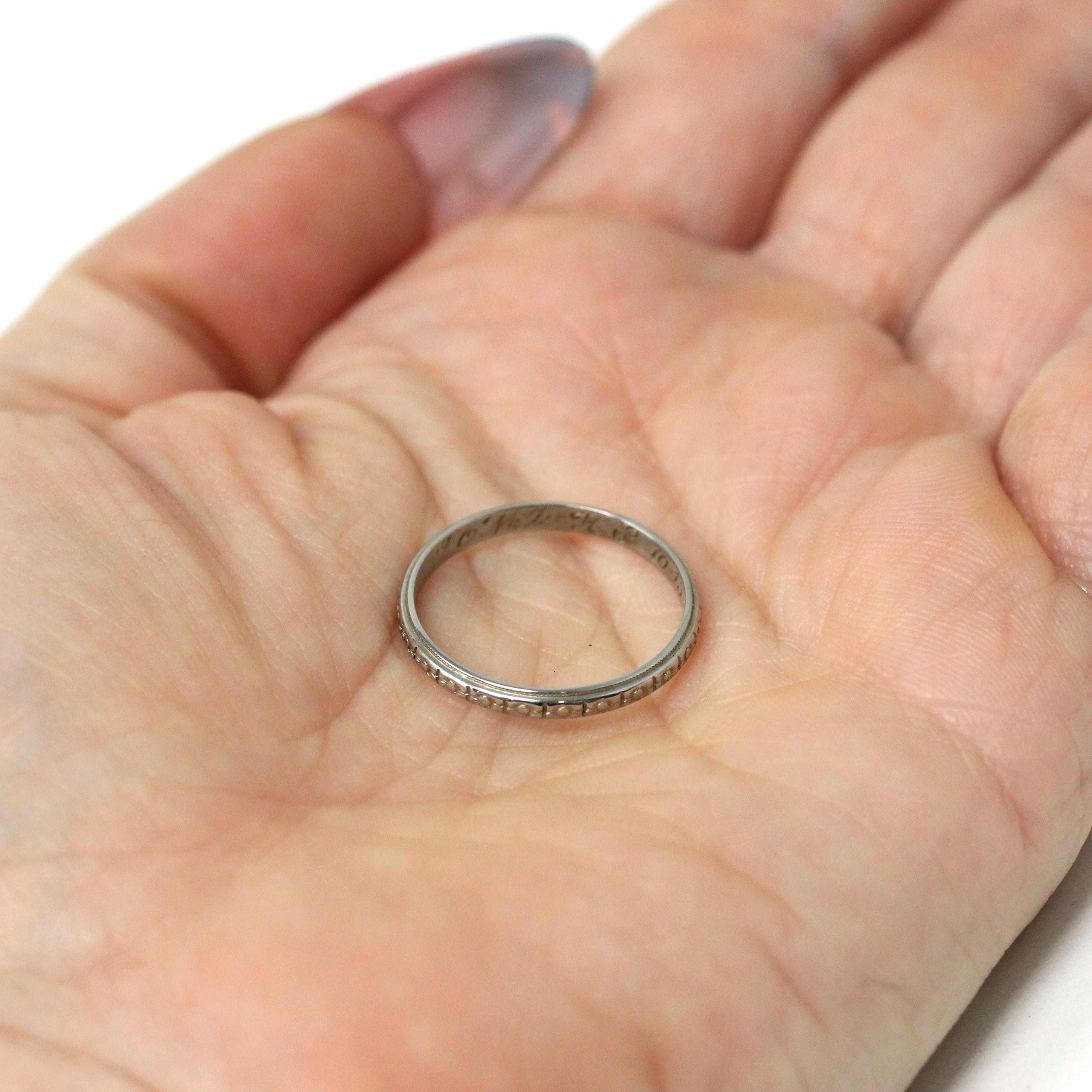 Antique Wedding Band - Art Deco 18k White Gold "T.O.M. to H.P. 10-15-27" Eternity Flower Ring - Vintage 1920s Size 7 1/4 Bridal Fine Jewelry