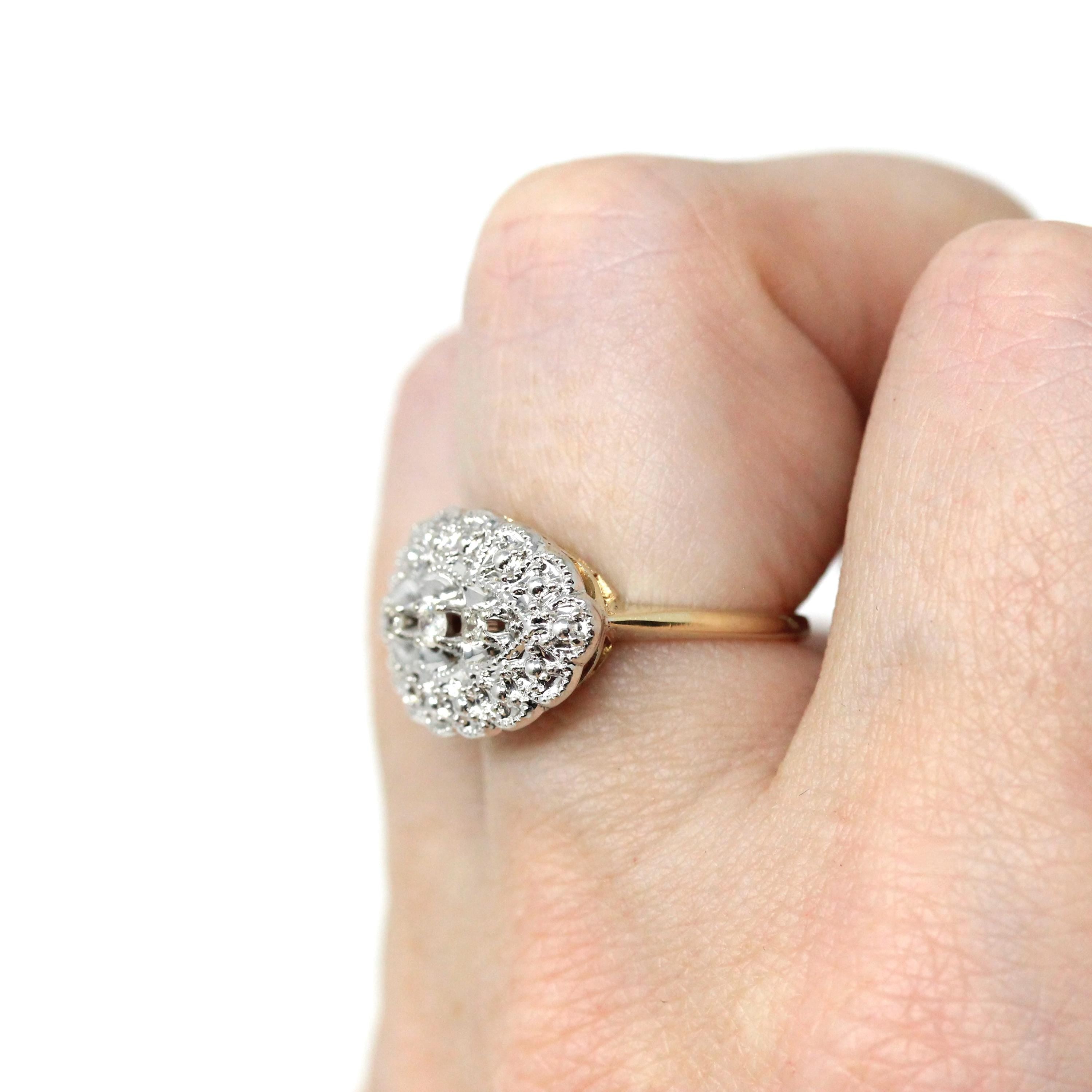 Mid Century Princess Ring - Vintage 14k Yellow White Gold Natural Diamond Two Tone Three Stone - Circa 1950 Size 5 1/4 Illusion Fine Jewelry