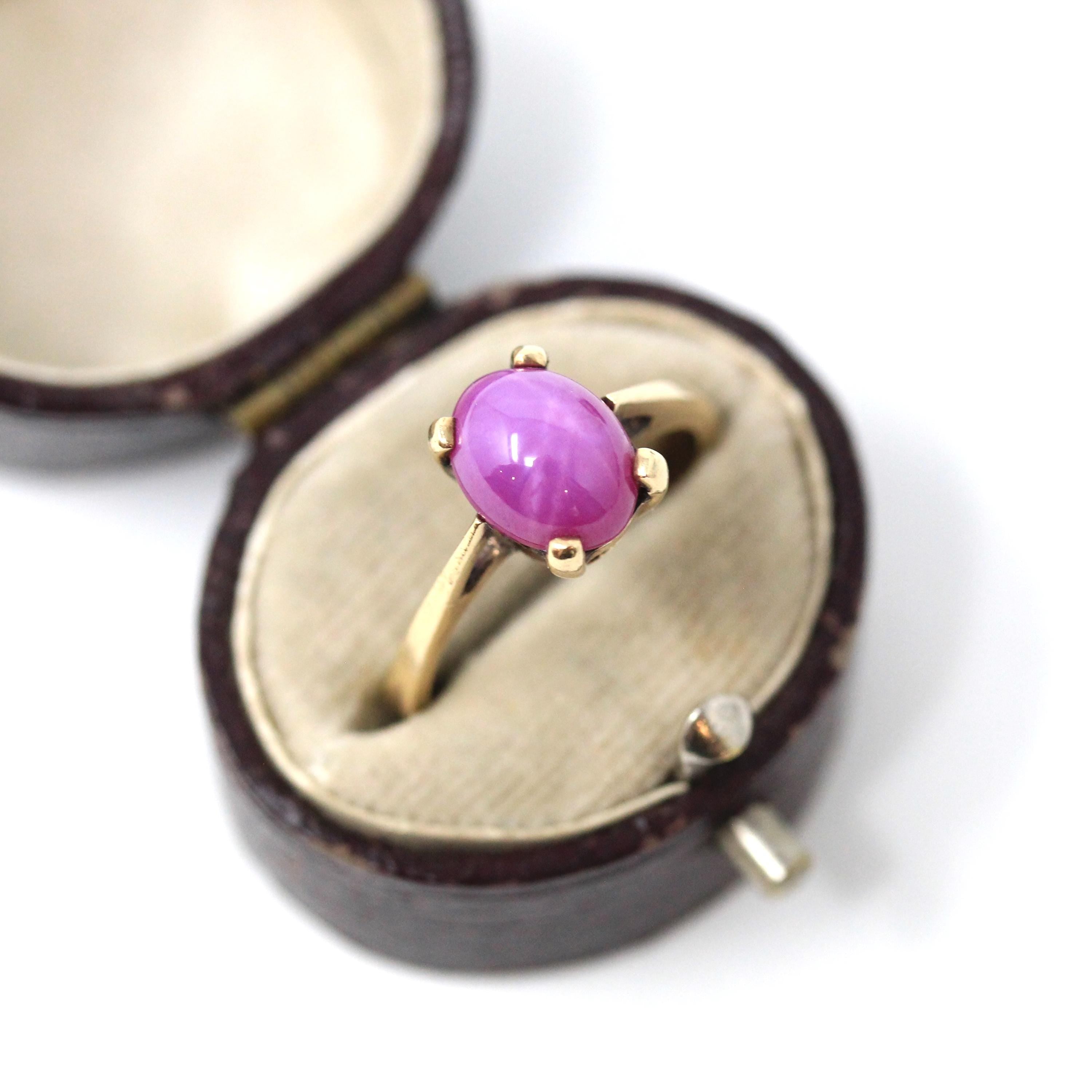 Created Star Ruby Ring - Retro 10k Yellow Gold Cabochon Cut Pink Solitaire Gemstone - Vintage 1960s Era Size 6 Celestial Fine 60s Jewelry