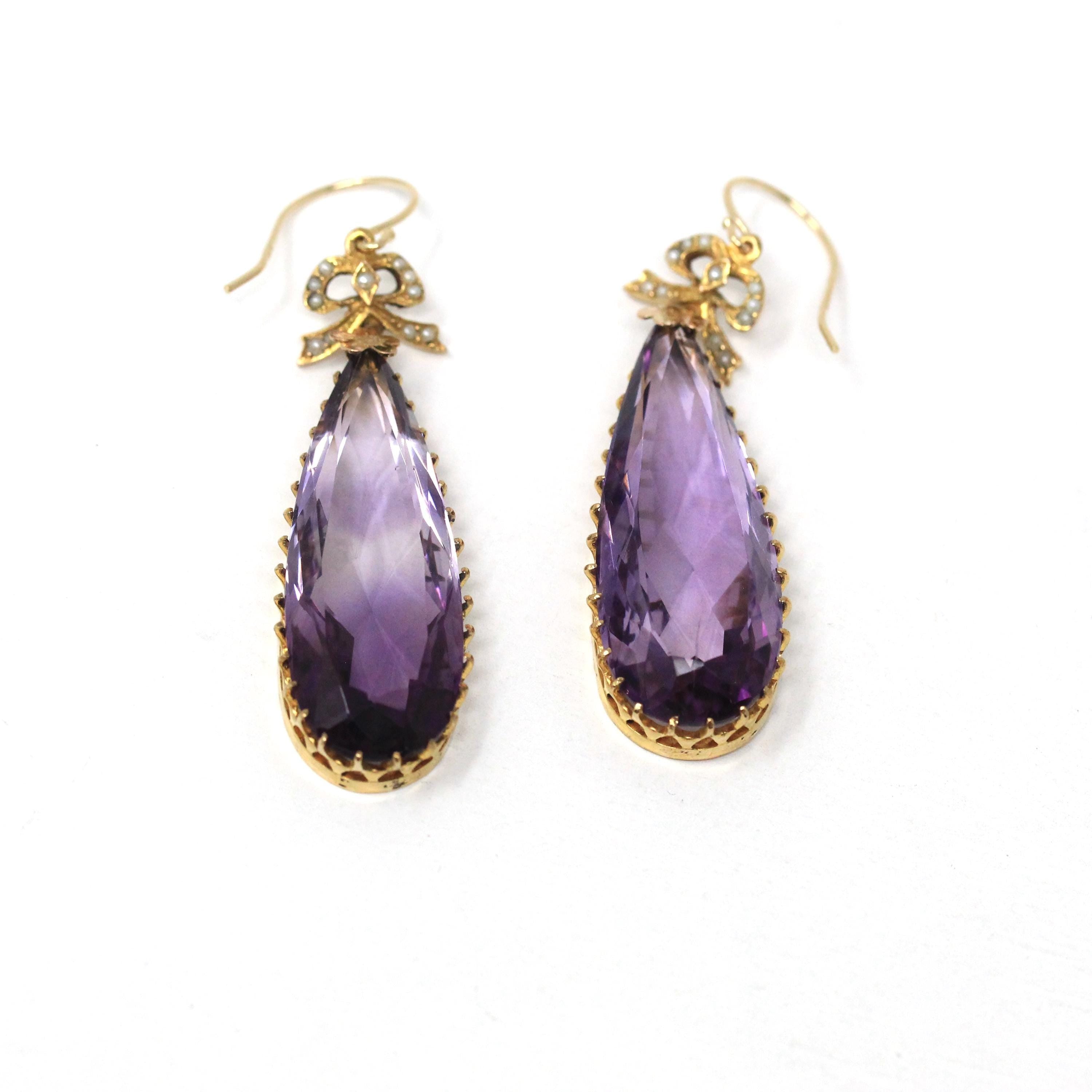Antique Amethyst Earrings - Edwardian 10k Yellow Gold Natural Purple Teardrop Gemstone - Vintage 1910s Seed Pearl Bow Hook Wire Fine Jewelry