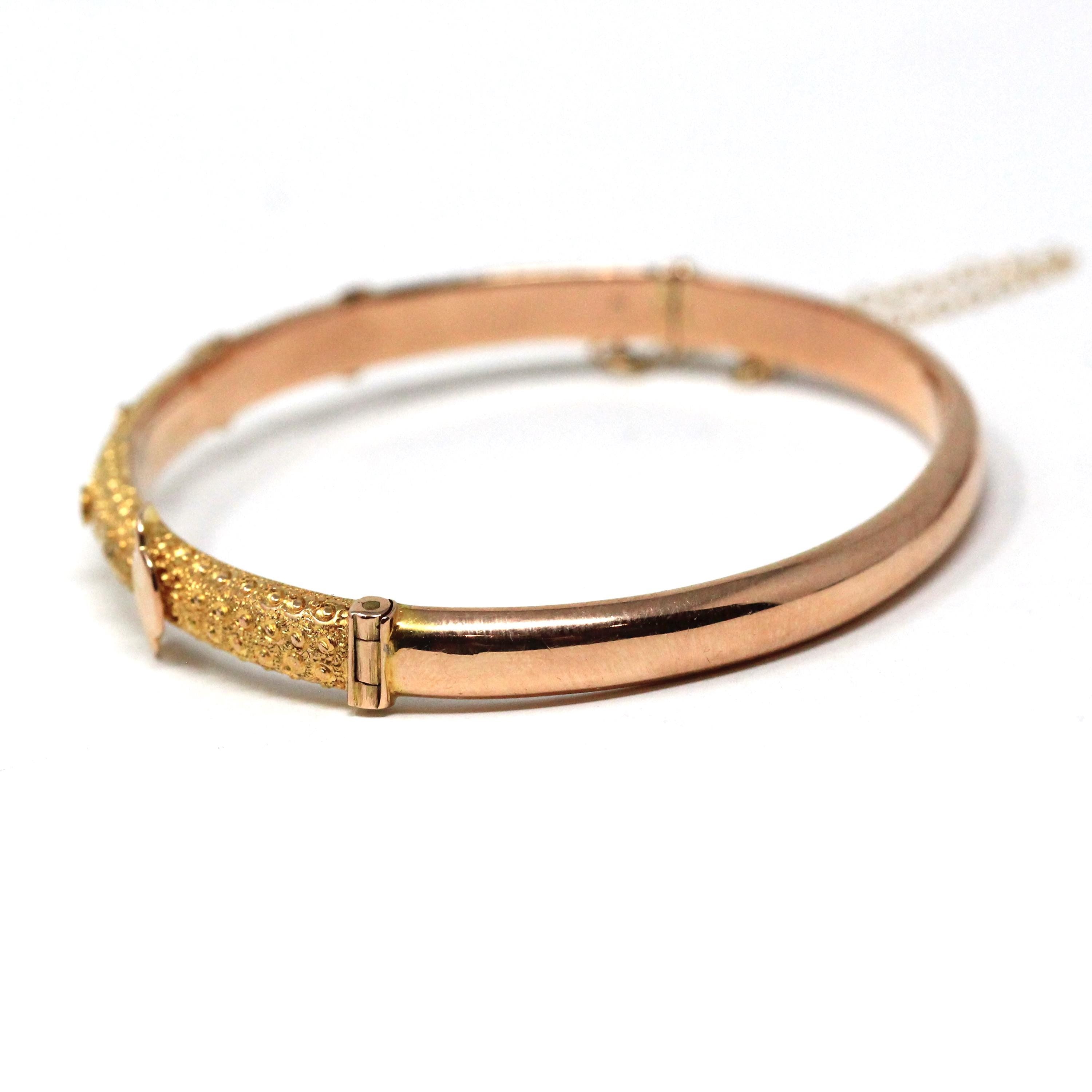 Antique Buckle Bracelet - Victorian 9k Yellow Gold Hinged Textured Belt Bangle - Circa 1890s Era Original Box By Allworthy Bros Fine Jewelry