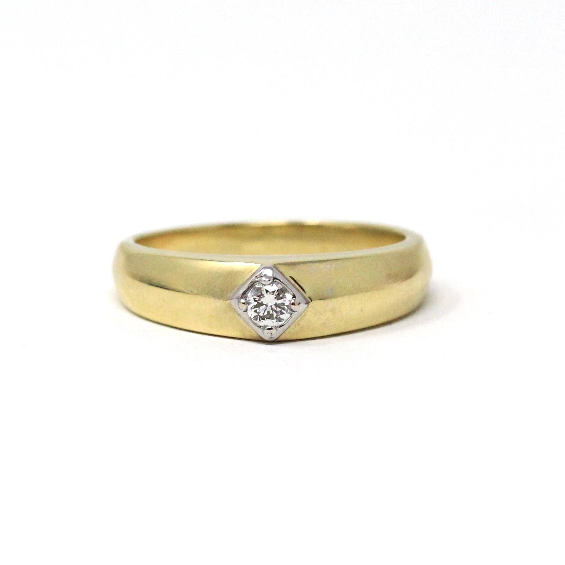 Vintage Diamond Ring - Estate 14k Yellow & White Gold Single Gemstone Tapered Band - Modern Size 10 Unisex Men's Wedding Two Tone Jewelry