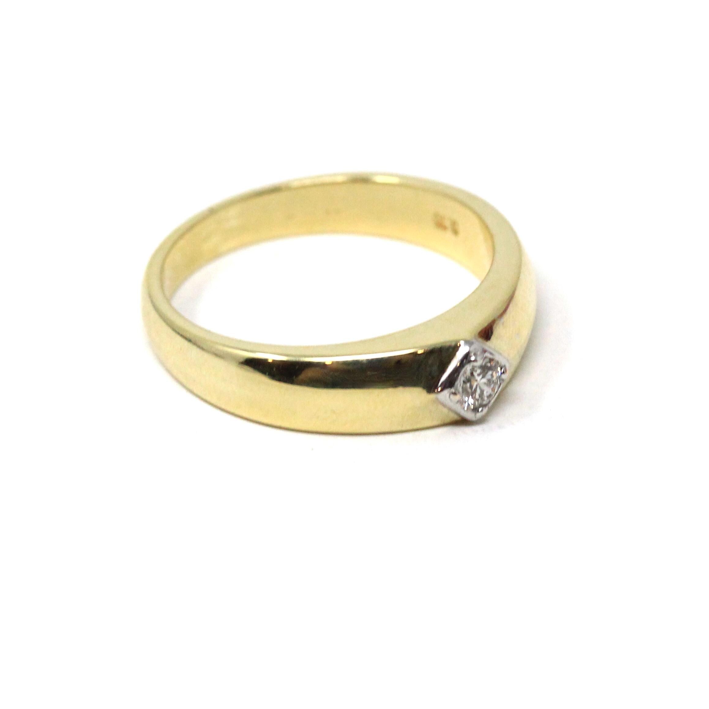 Vintage Diamond Ring - Estate 14k Yellow & White Gold Single Gemstone Tapered Band - Modern Size 10 Unisex Men's Wedding Two Tone Jewelry