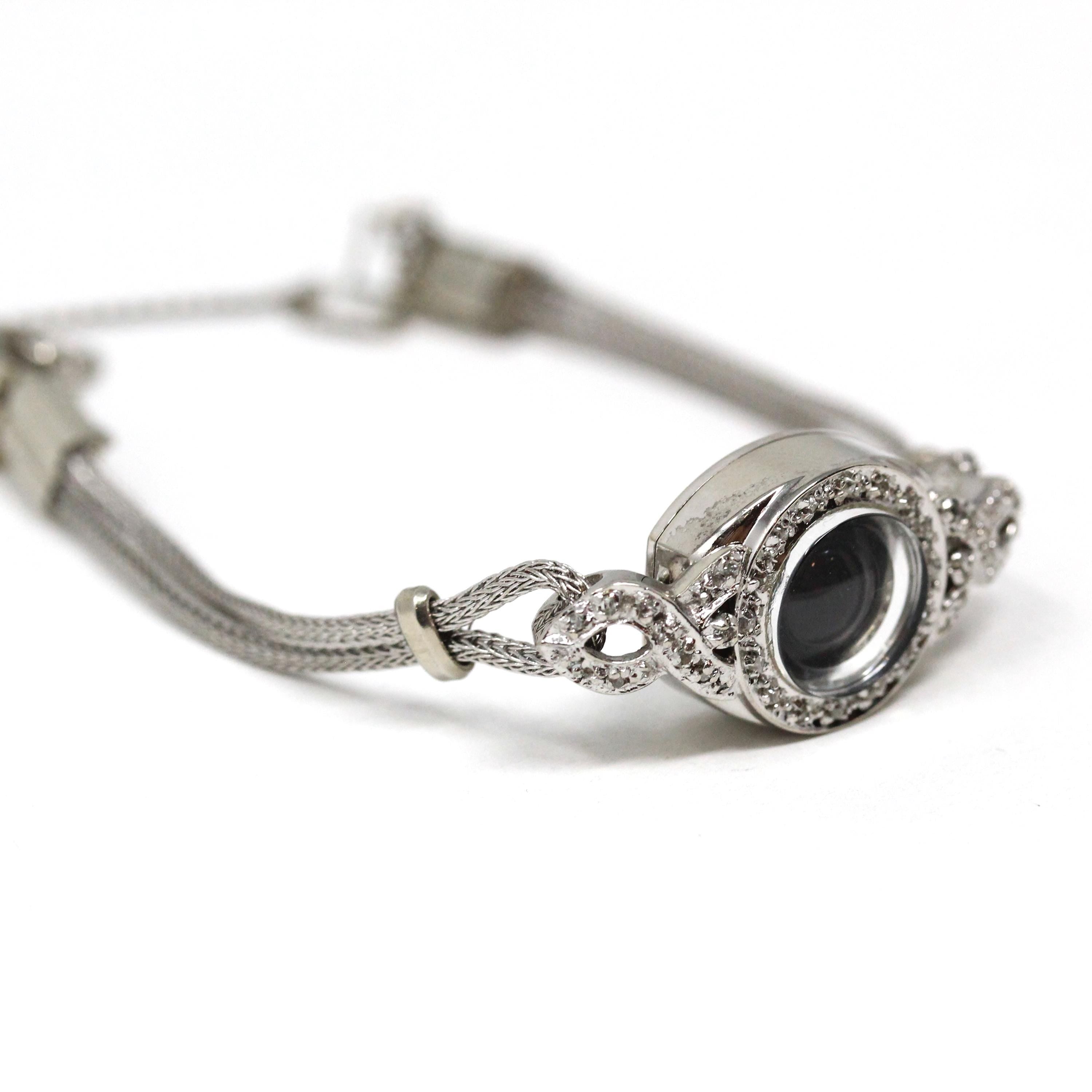 Converted Watch Bracelet - Vintage 14k White Gold Diamond Accented Case - Circa 1950s Fine Petite Collectible Deco Style Mid Century Jewelry