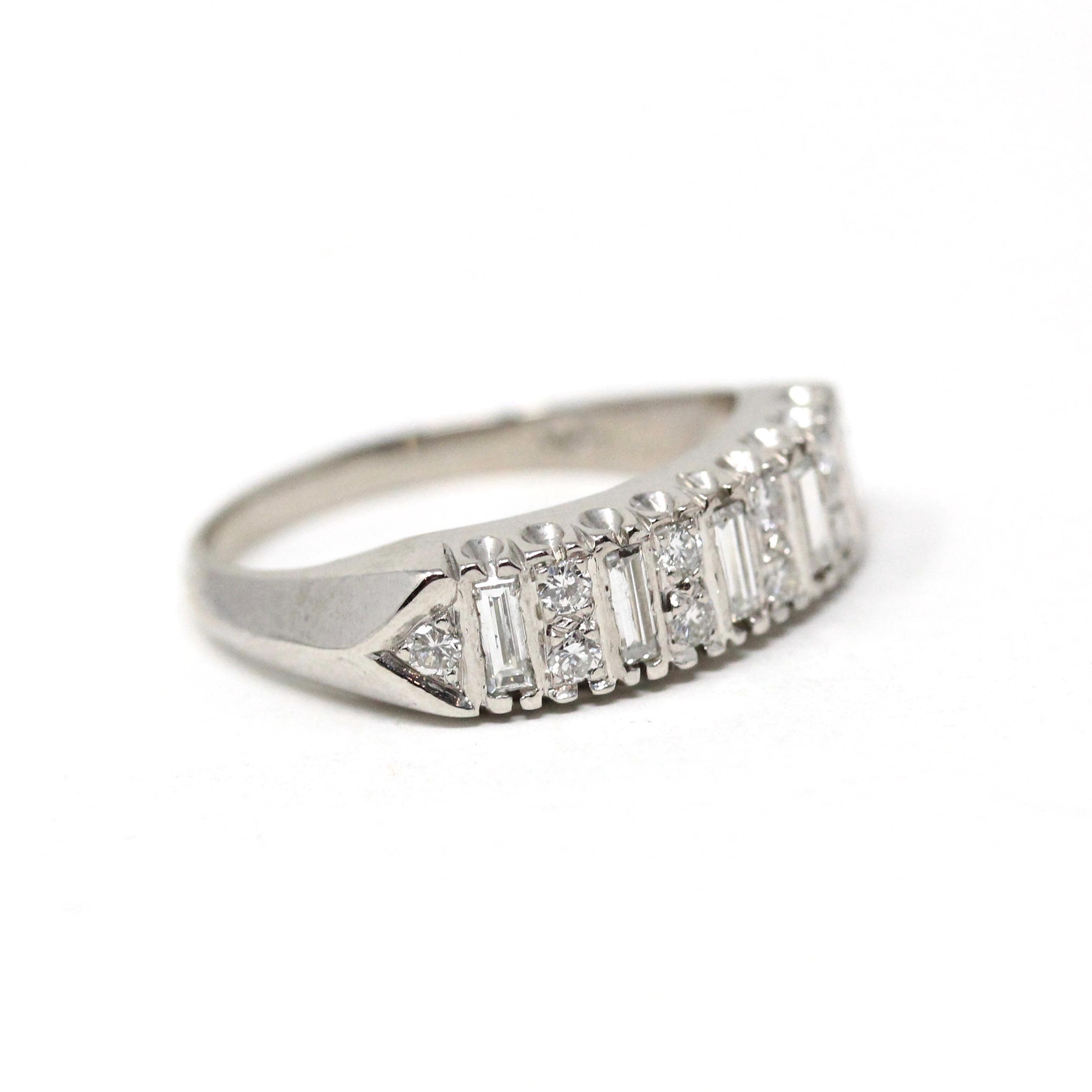 Mid Century Diamond Band - Vintage Platinum Natural Baguette Round Cut Gemstones Wedding Bridal Ring - Circa 1960s Size 7 1/4 Fine Jewelry