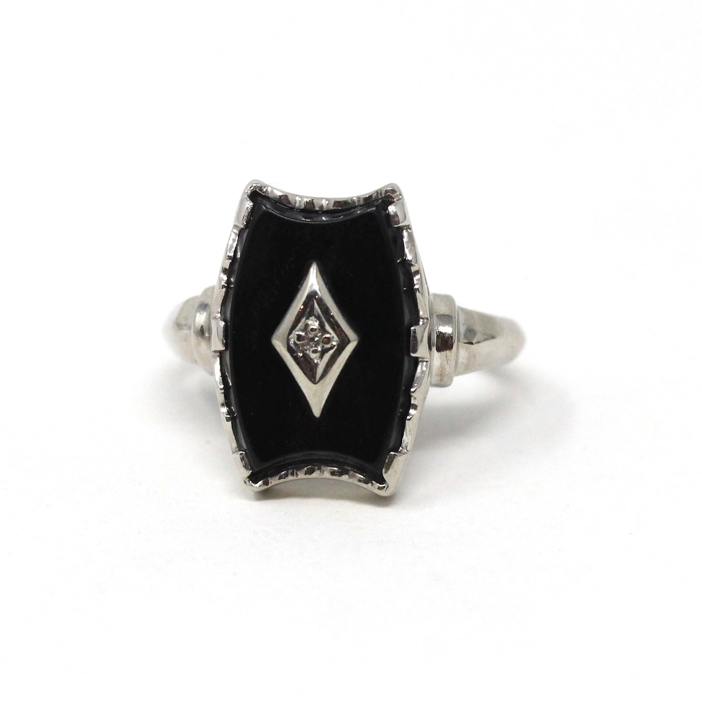 Mid Century Onyx Ring - Vintage 10k White Gold Fancy Cut Black Chalcedony & Diamond Gemstone - Circa 1960s Era Size 7 1/4 Fine 60s Jewelry