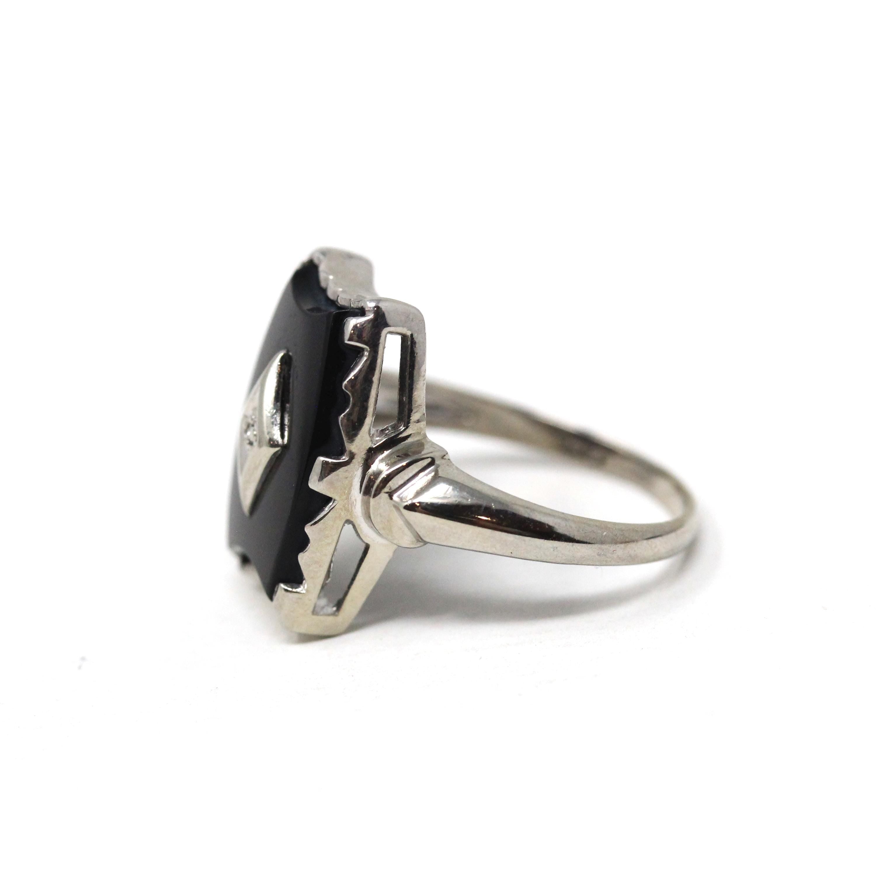Mid Century Onyx Ring - Vintage 10k White Gold Fancy Cut Black Chalcedony & Diamond Gemstone - Circa 1960s Era Size 7 1/4 Fine 60s Jewelry