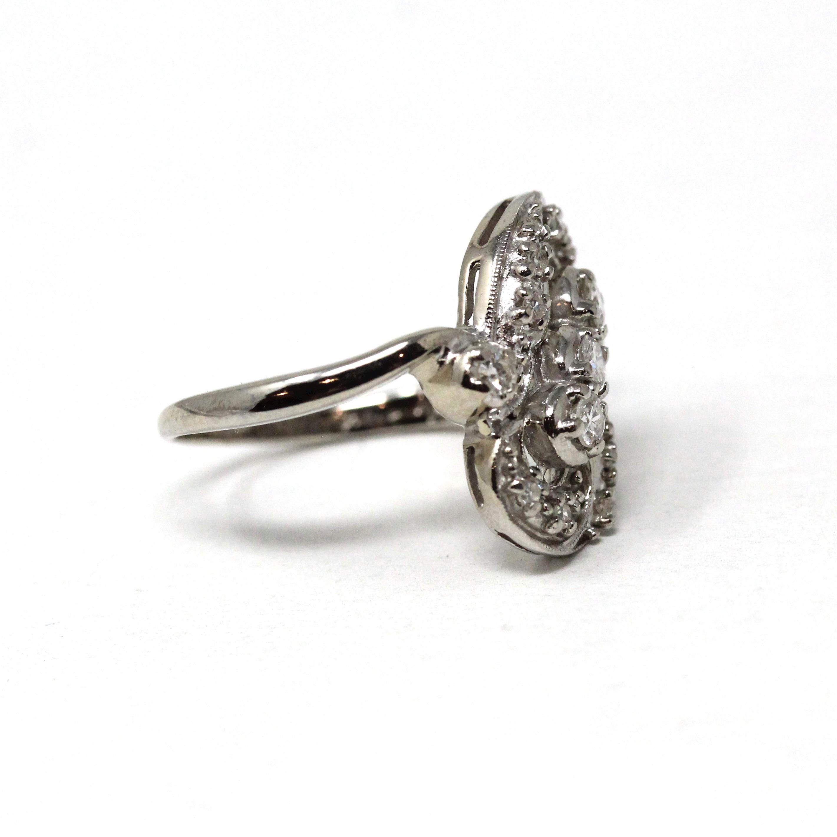 Diamond Cluster Ring - Estate 14k White Gold Natural Gems - Modern Mid Century Style Size 7 1/4 Vintage Inspired Halo Bypass Fine Jewelry