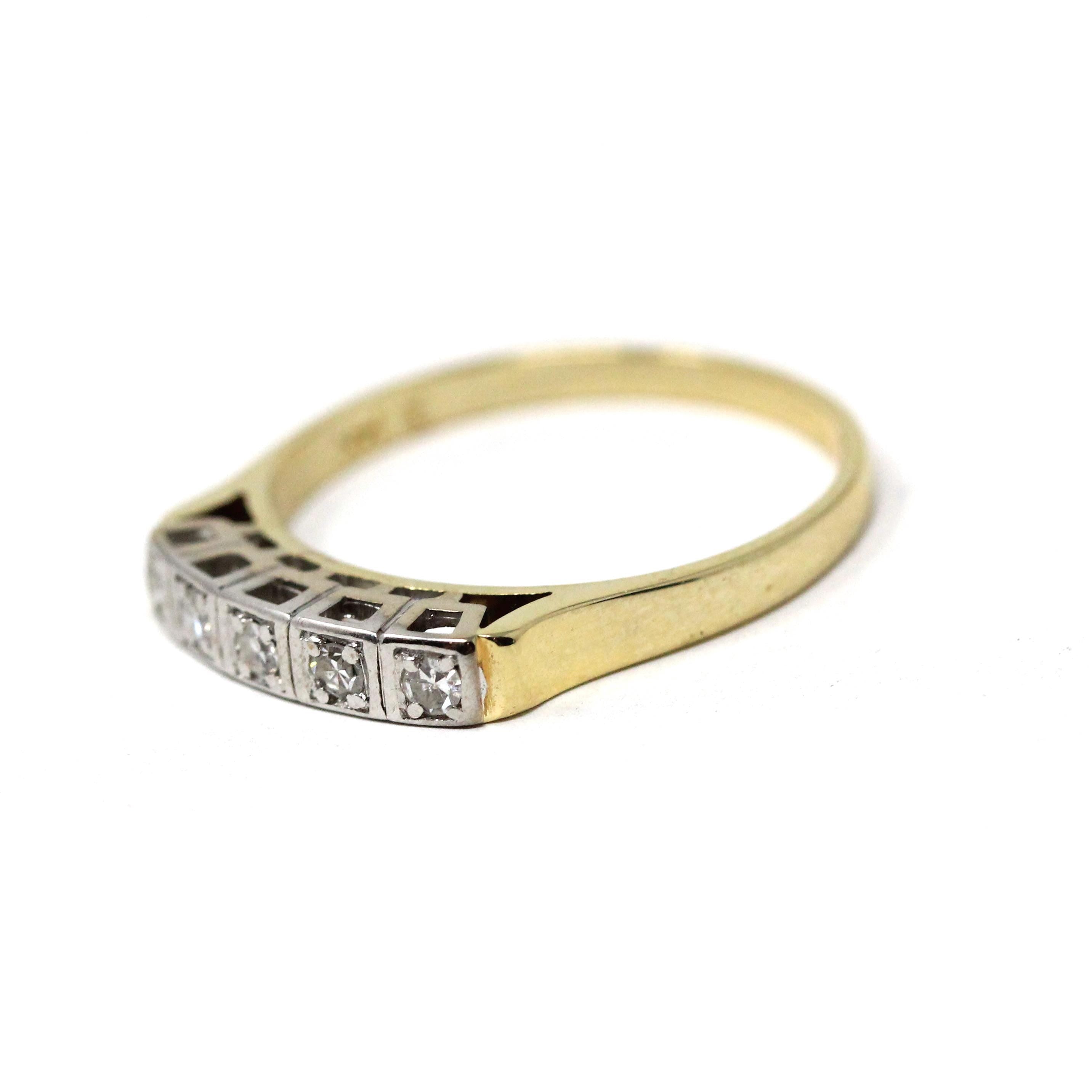 Mid Century Diamond Band - Vintage 14k Yellow & White Gold Five Gemstones Wedding Ring - Circa 1940s Size 7 Fine Engagement Bridal Jewelry