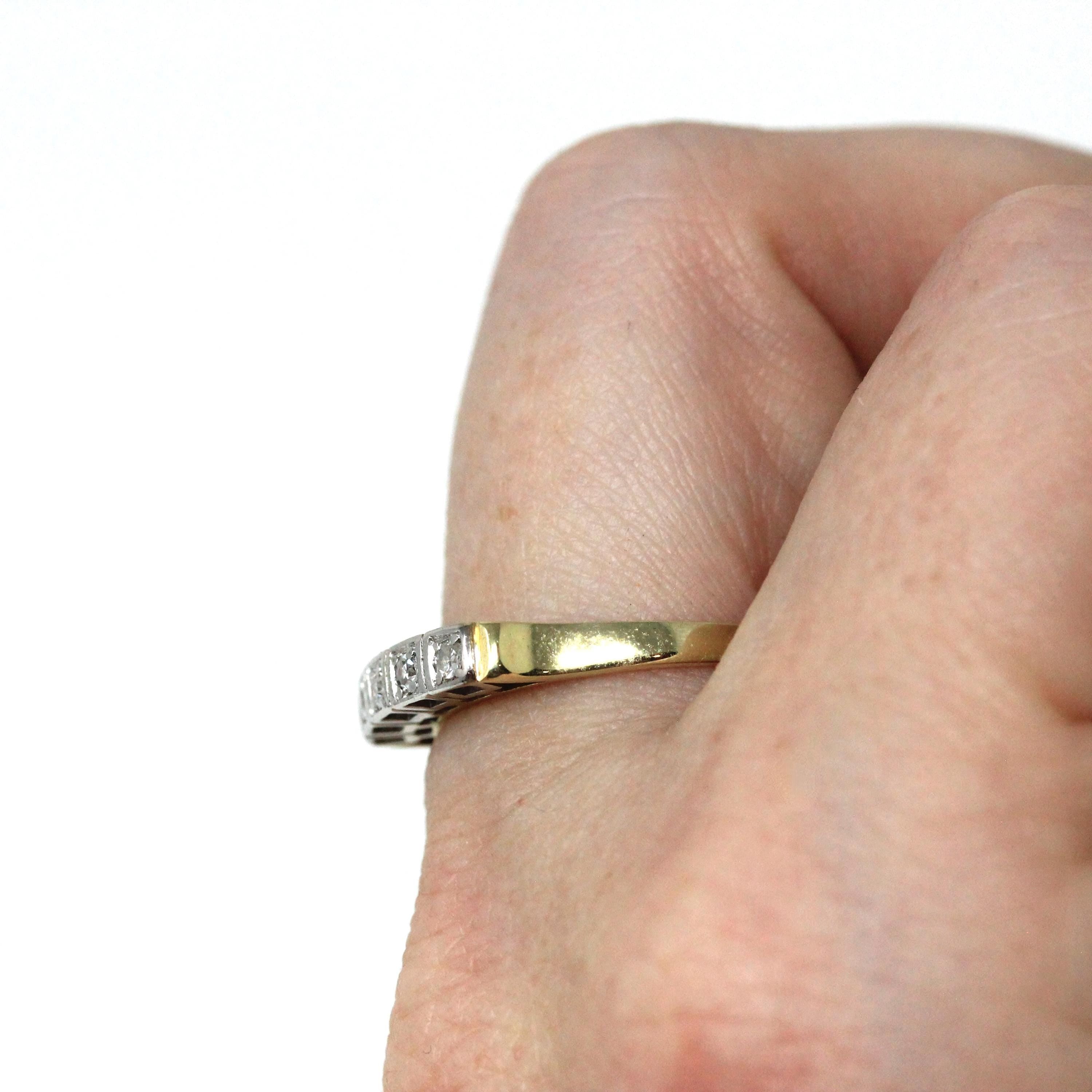 Mid Century Diamond Band - Vintage 14k Yellow & White Gold Five Gemstones Wedding Ring - Circa 1940s Size 7 Fine Engagement Bridal Jewelry