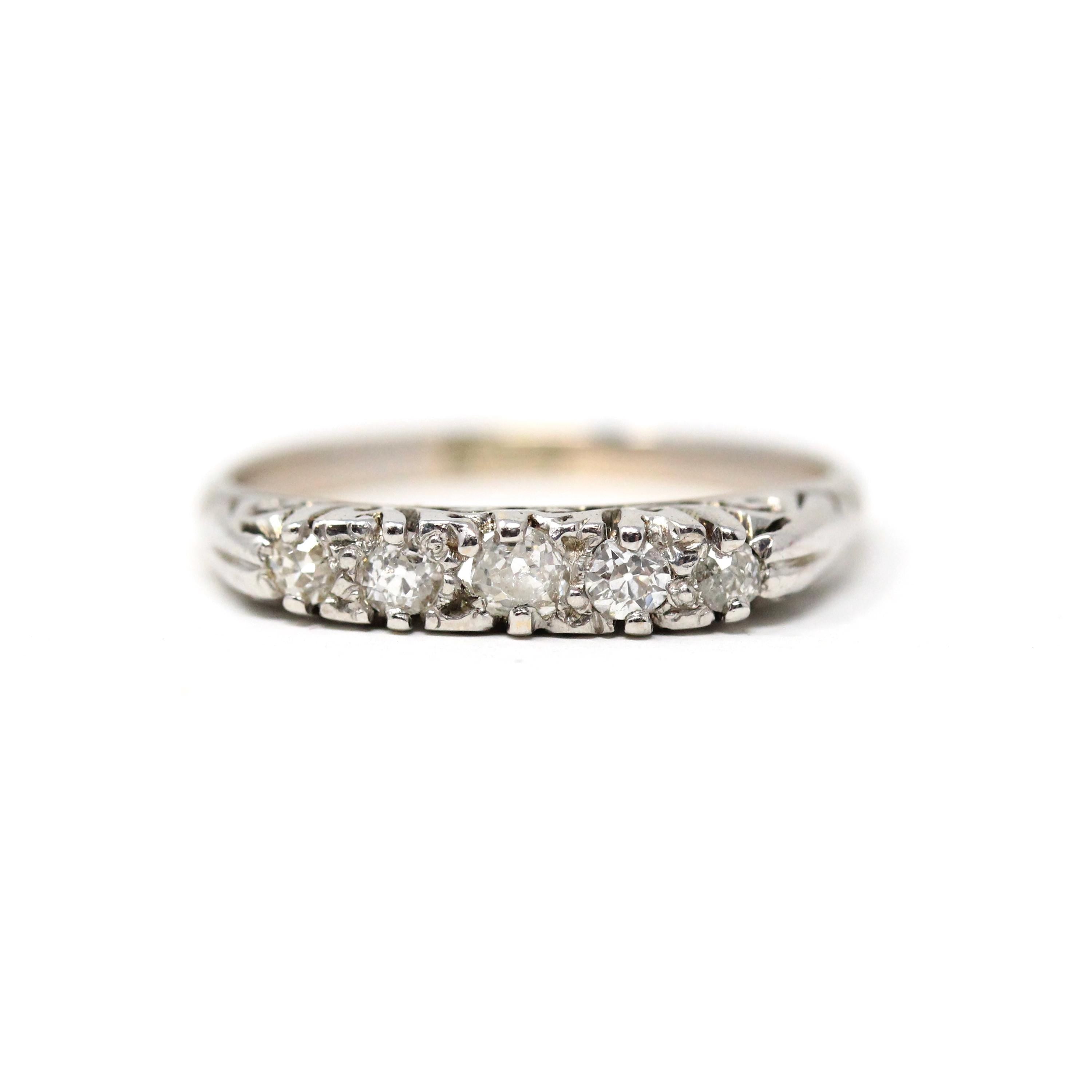 Antique Diamond Band - Vintage 10k Rhodiumed Yellow Gold Natural .25 CTW Five Stone Wedding Ring - Estate Circa 1910s Size 6.75 Fine Jewelry