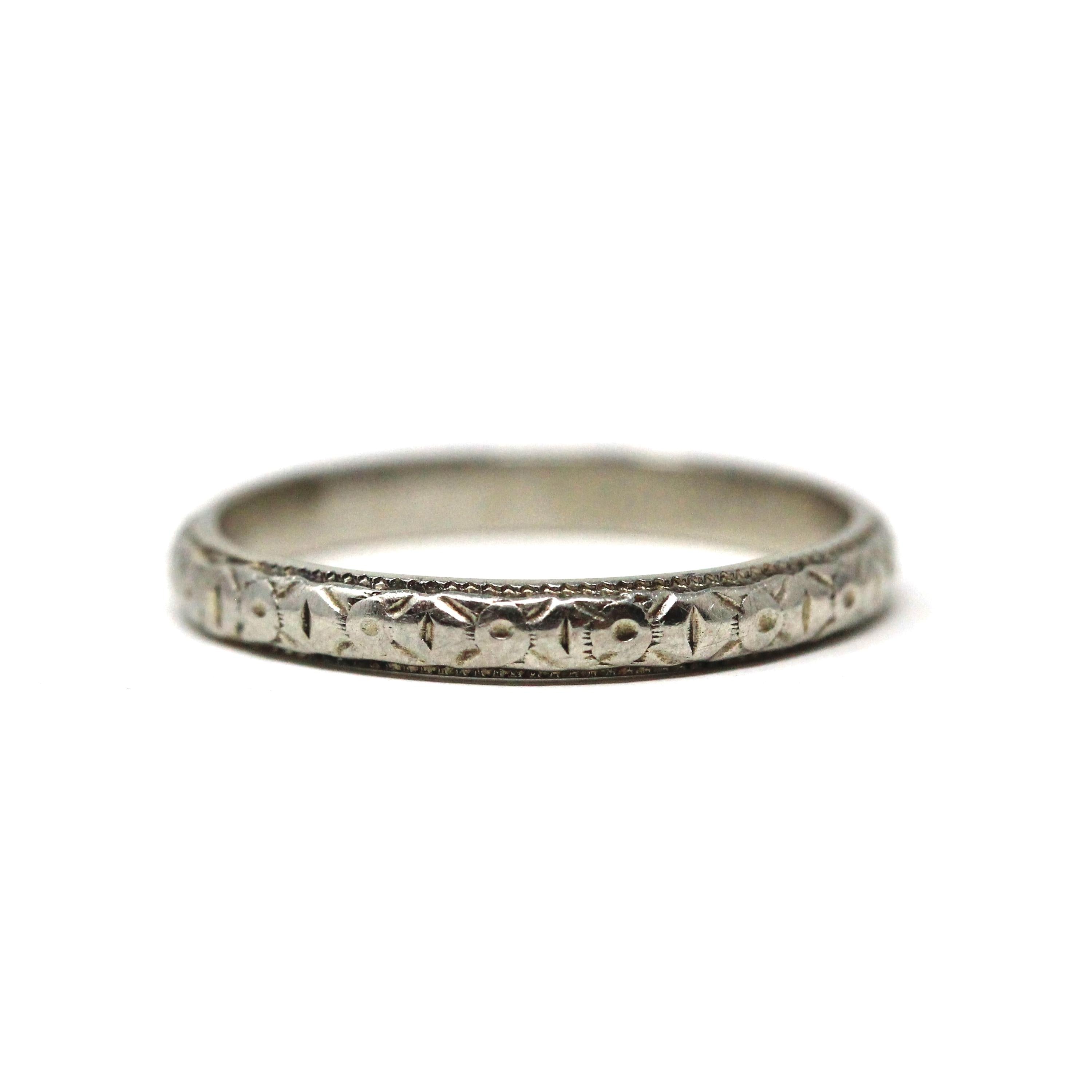 Antique Wedding Band - Art Deco Era 18k White Gold Eternity Design Ring - Vintage Circa 1930s Size 5 1/4 Stacking Bridal Fine Unisex Jewelry