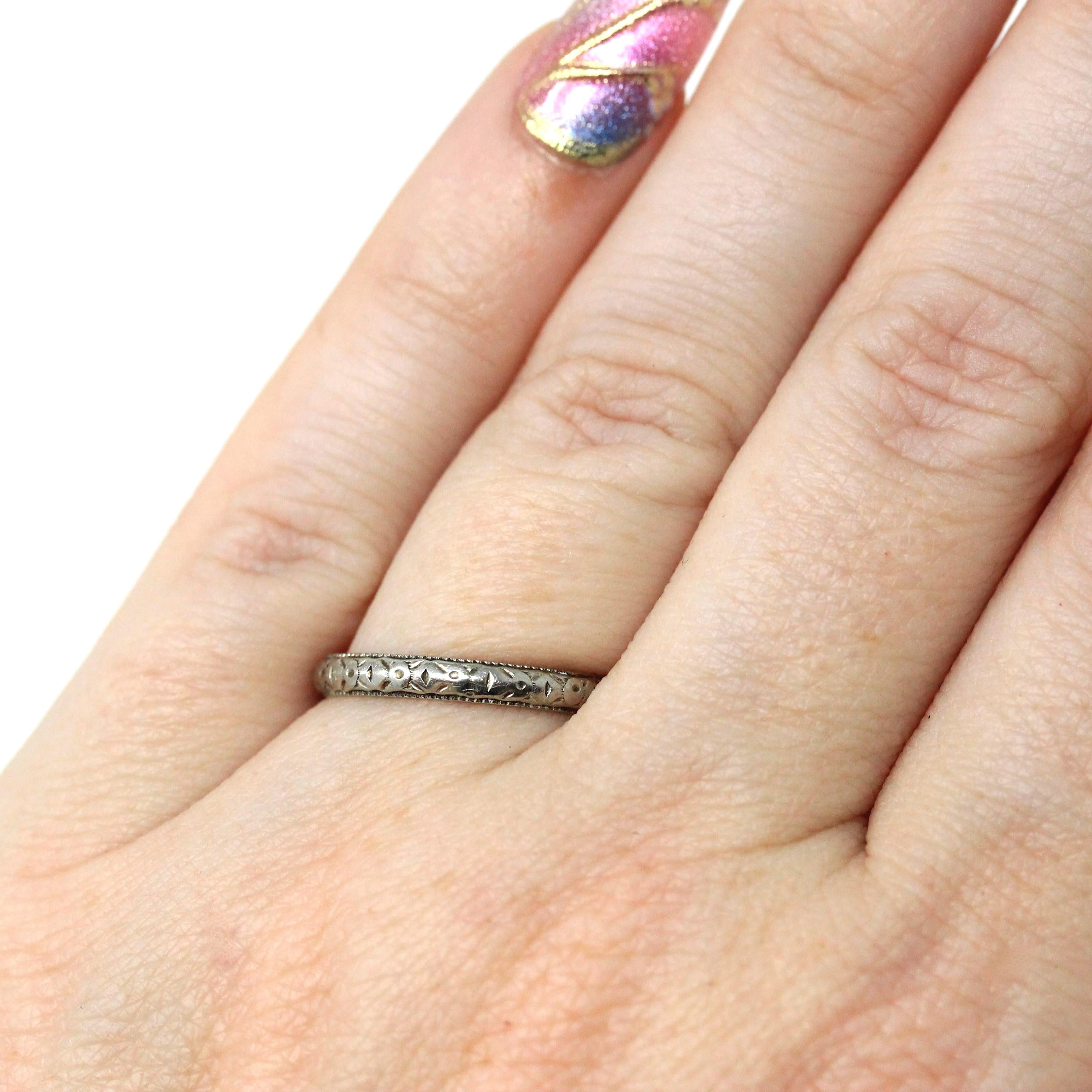 Antique Wedding Band - Art Deco Era 18k White Gold Eternity Design Ring - Vintage Circa 1930s Size 5 1/4 Stacking Bridal Fine Unisex Jewelry