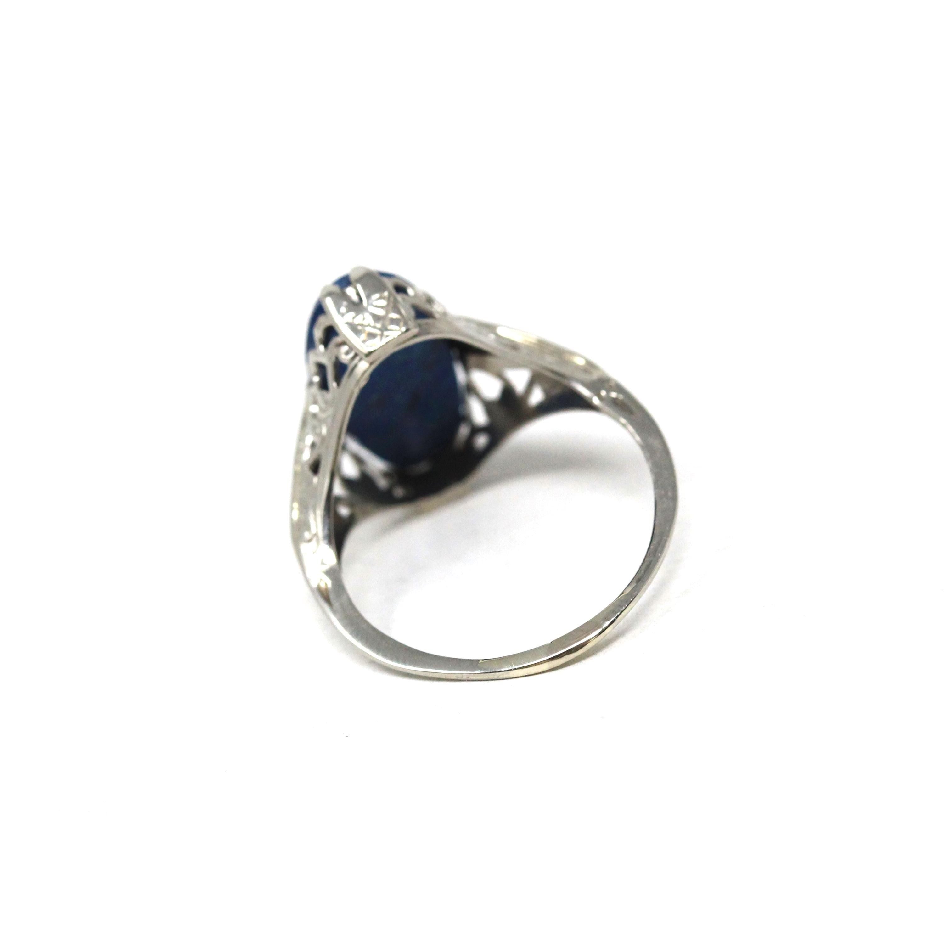 Antique Blue Jasper Ring - Art Deco 14k White Gold Natural Gemstone Statement - Vintage Circa 1920s Era Size 6 1/4 Filigree Fine 20s Jewelry