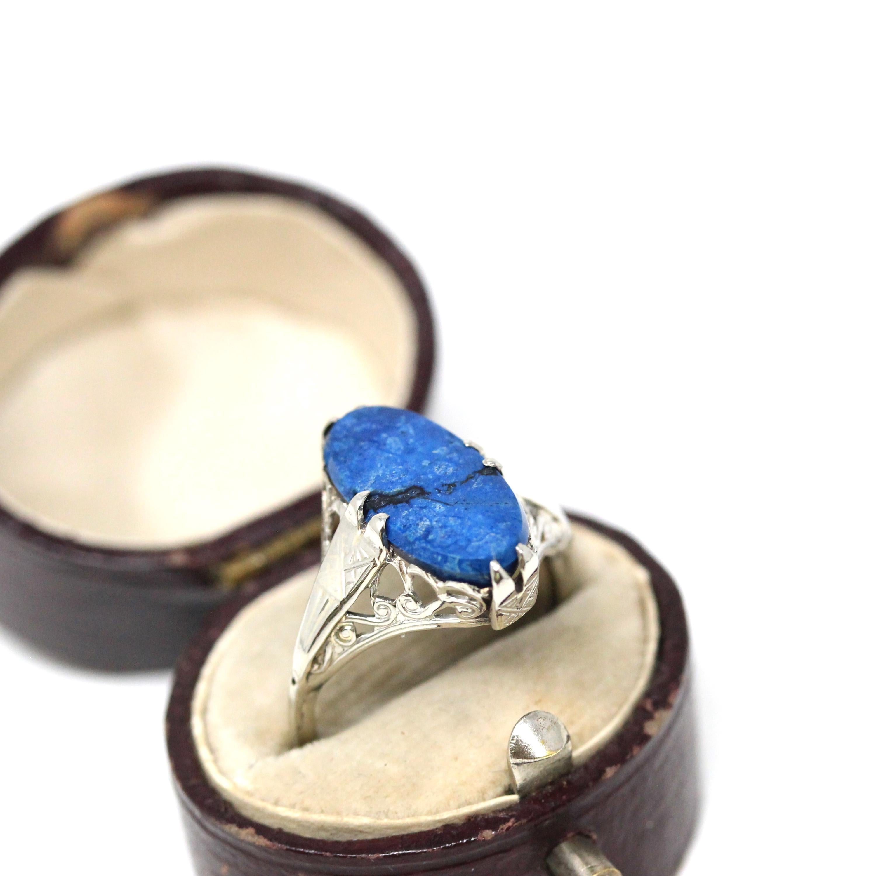 Antique Blue Jasper Ring - Art Deco 14k White Gold Natural Gemstone Statement - Vintage Circa 1920s Era Size 6 1/4 Filigree Fine 20s Jewelry