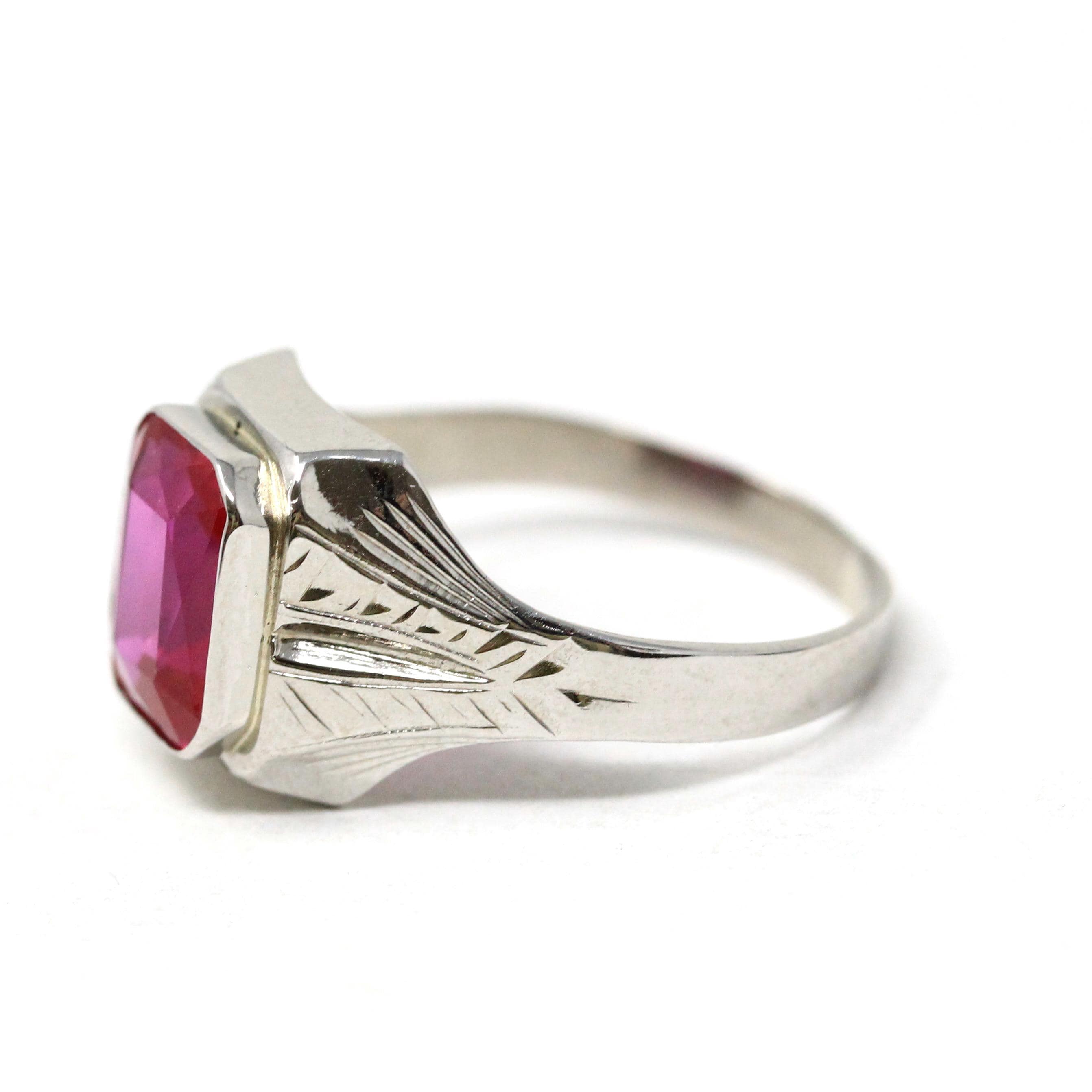 Art Deco Ring - Vintage 10k White Gold Created Red Ruby Men's Unisex Ring - Circa 1930s Size 10 July Birthstone Statement Fine 30s Jewelry