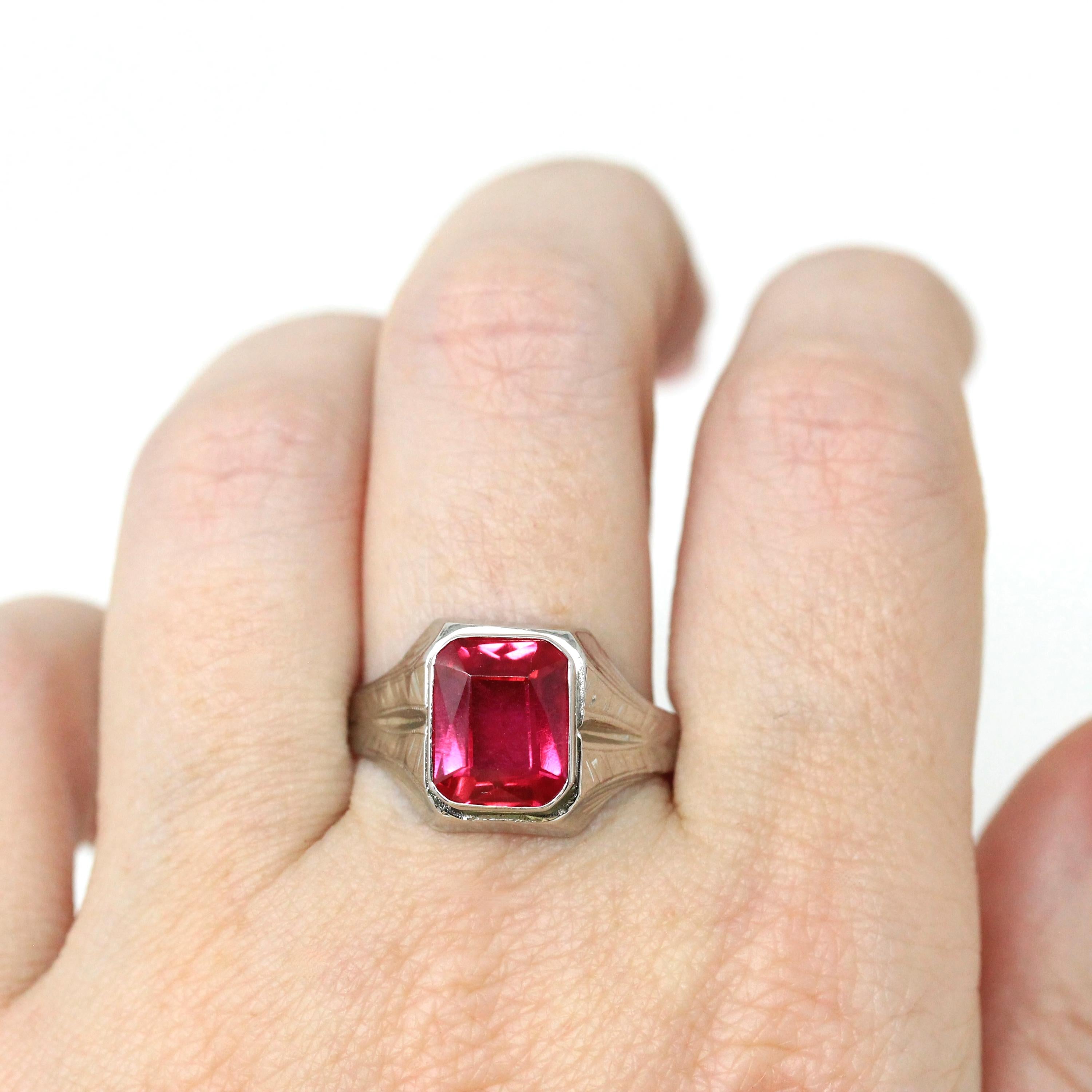 Art Deco Ring - Vintage 10k White Gold Created Red Ruby Men's Unisex Ring - Circa 1930s Size 10 July Birthstone Statement Fine 30s Jewelry