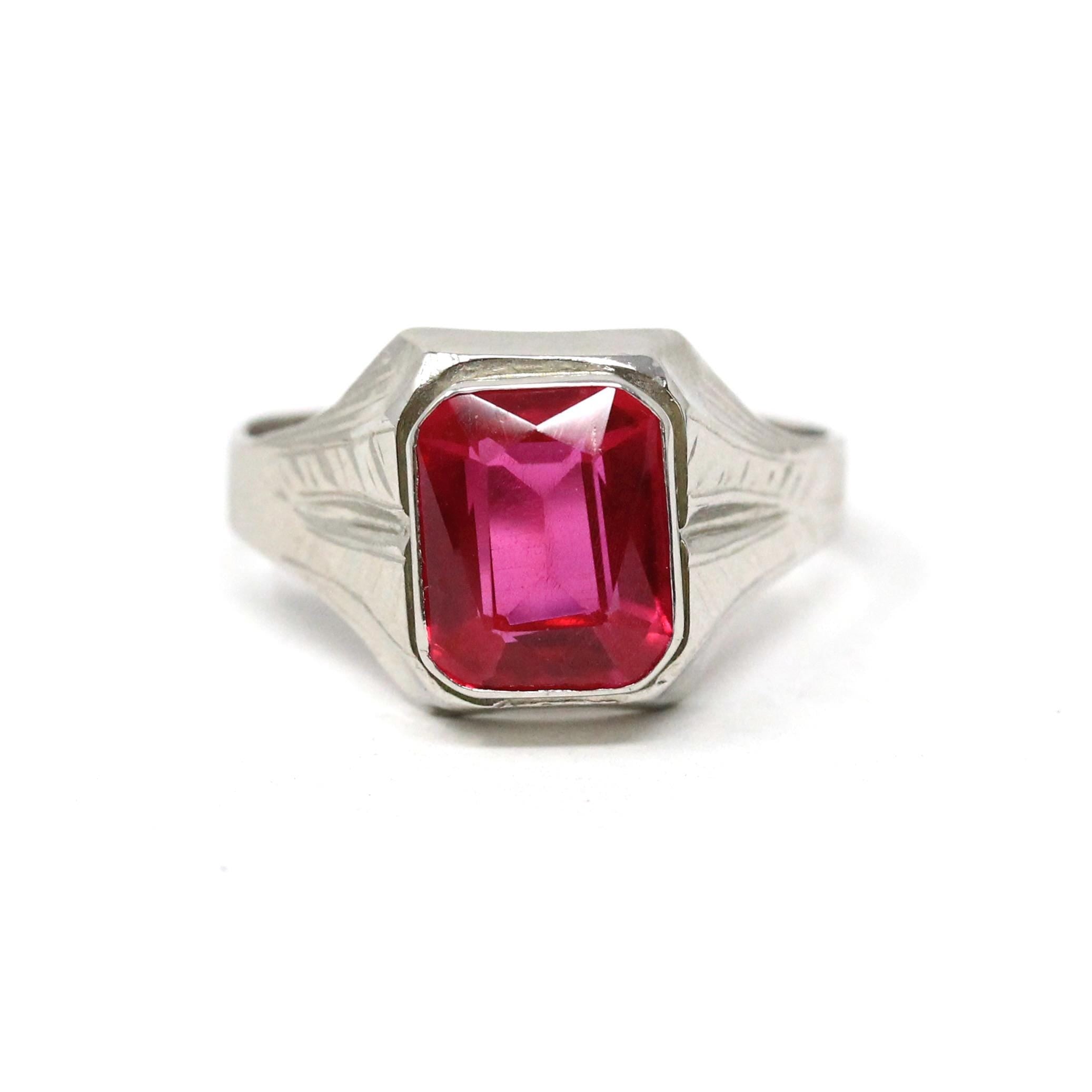 Art Deco Ring - Vintage 10k White Gold Created Red Ruby Men's Unisex Ring - Circa 1930s Size 10 July Birthstone Statement Fine 30s Jewelry