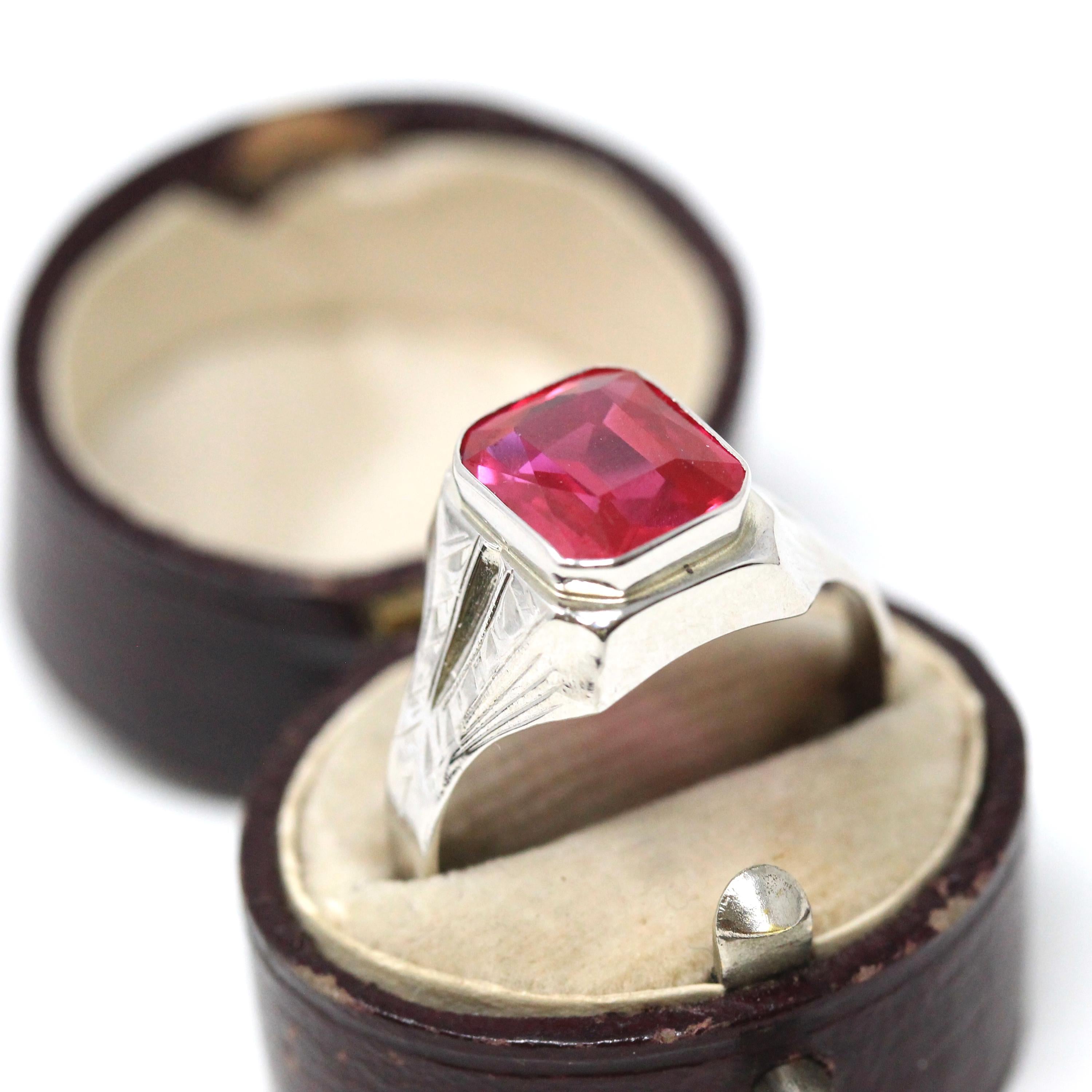 Art Deco Ring - Vintage 10k White Gold Created Red Ruby Men's Unisex Ring - Circa 1930s Size 10 July Birthstone Statement Fine 30s Jewelry