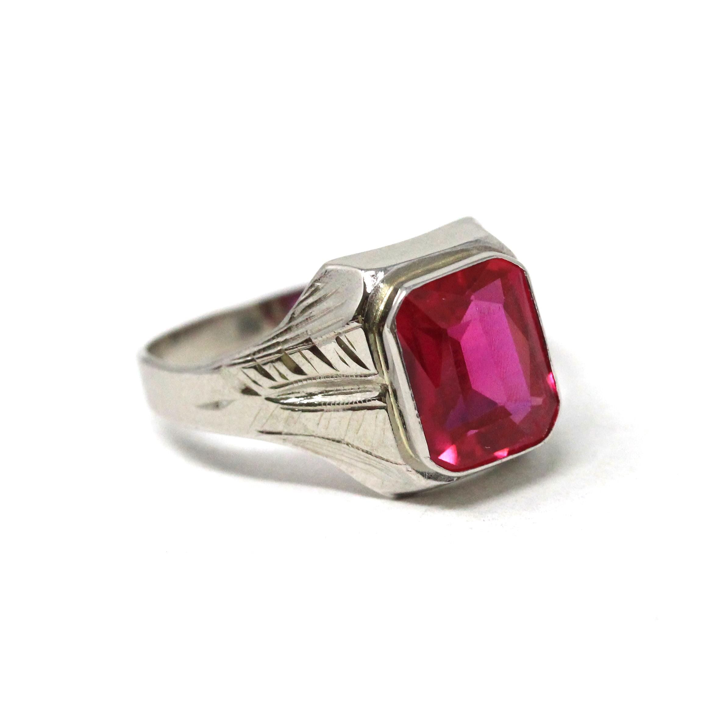 Art Deco Ring - Vintage 10k White Gold Created Red Ruby Men's Unisex Ring - Circa 1930s Size 10 July Birthstone Statement Fine 30s Jewelry