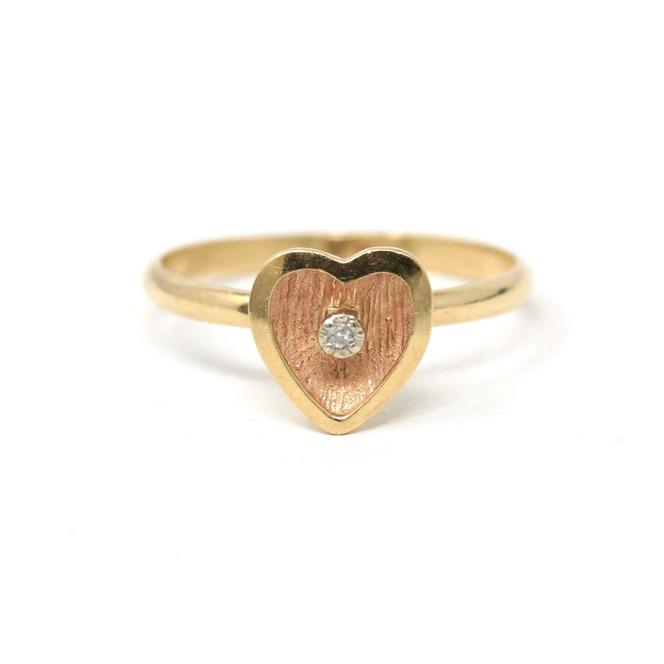 Diamond Heart Ring - Estate 14k Yellow Gold Natural .01 CT Gemstone - Modern Circa 1990's Era Size 6 3/4 Florentine Finish Love Fine Jewelry