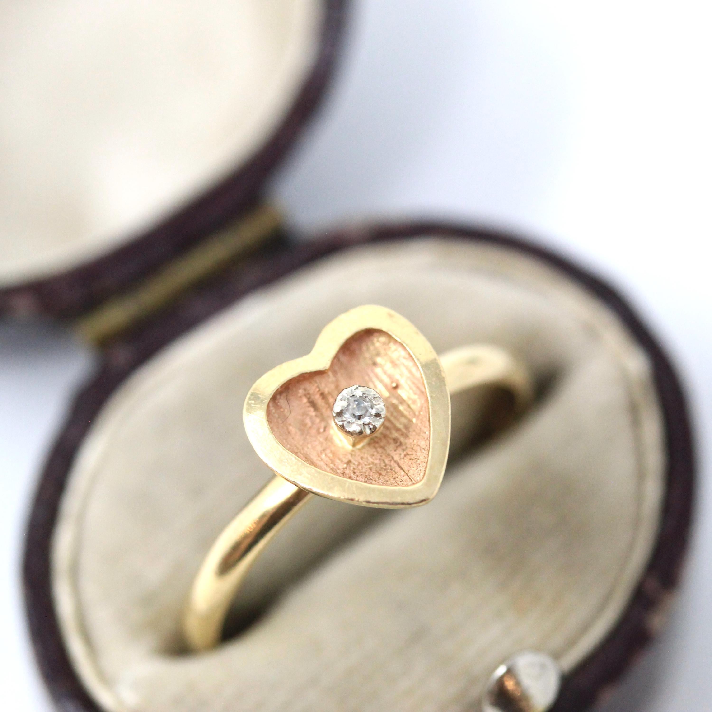 Diamond Heart Ring - Estate 14k Yellow Gold Natural .01 CT Gemstone - Modern Circa 1990's Era Size 6 3/4 Florentine Finish Love Fine Jewelry