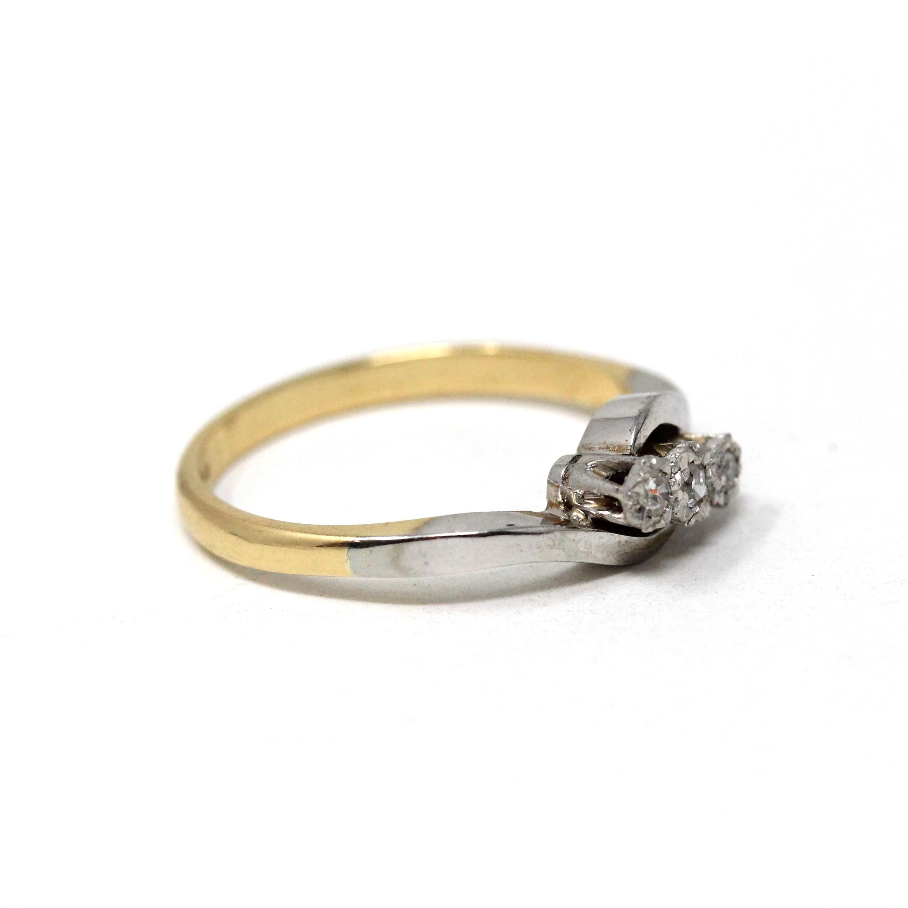 Diamond Bypass Ring - Retro 18k Yellow Gold & Platinum Natural Gemstone Bypass Band - Circa 1970s Era Size 7 1/4 Fine Engagement Jewelry