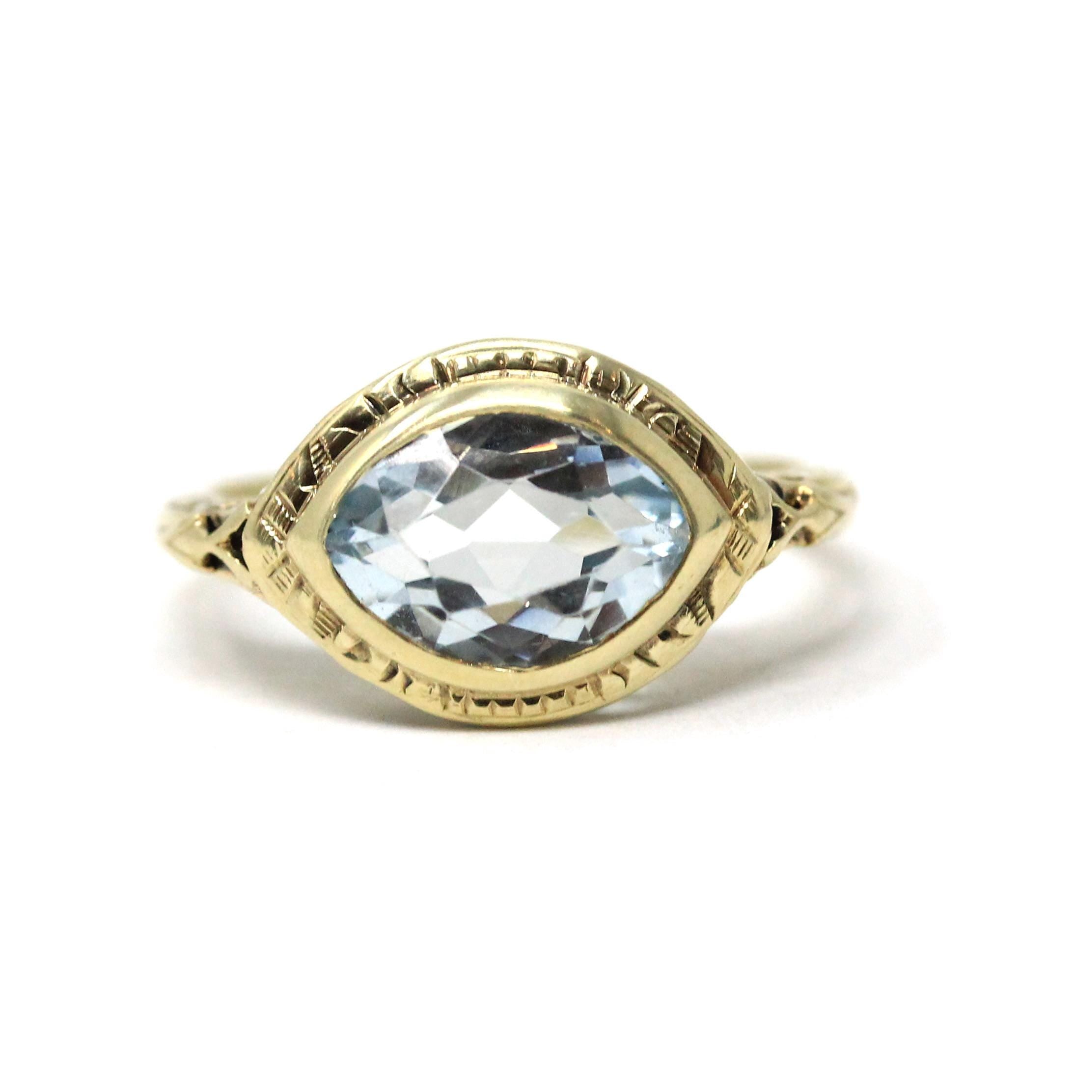 Vintage Aquamarine Ring - Art Deco 14k Yellow Gold East West Marquise Cut Light Blue Gem - Circa 1930s Era Size 5 3/4 Fine Statement Jewelry