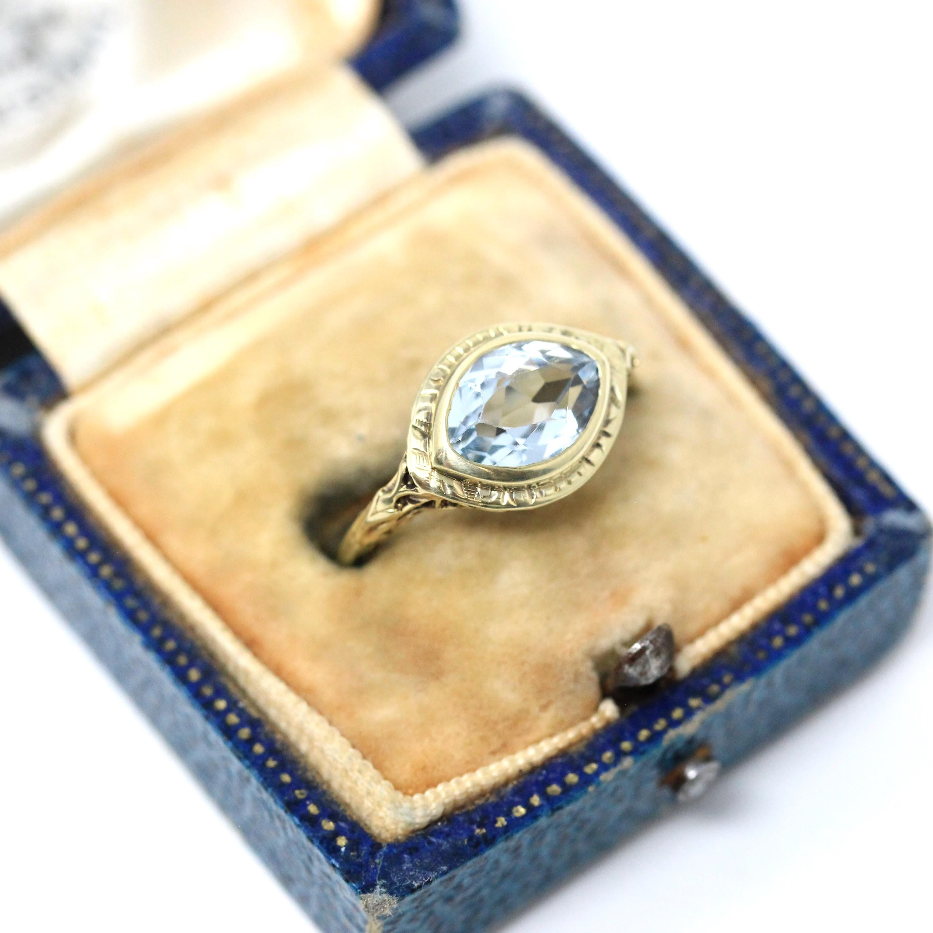Vintage Aquamarine Ring - Art Deco 14k Yellow Gold East West Marquise Cut Light Blue Gem - Circa 1930s Era Size 5 3/4 Fine Statement Jewelry