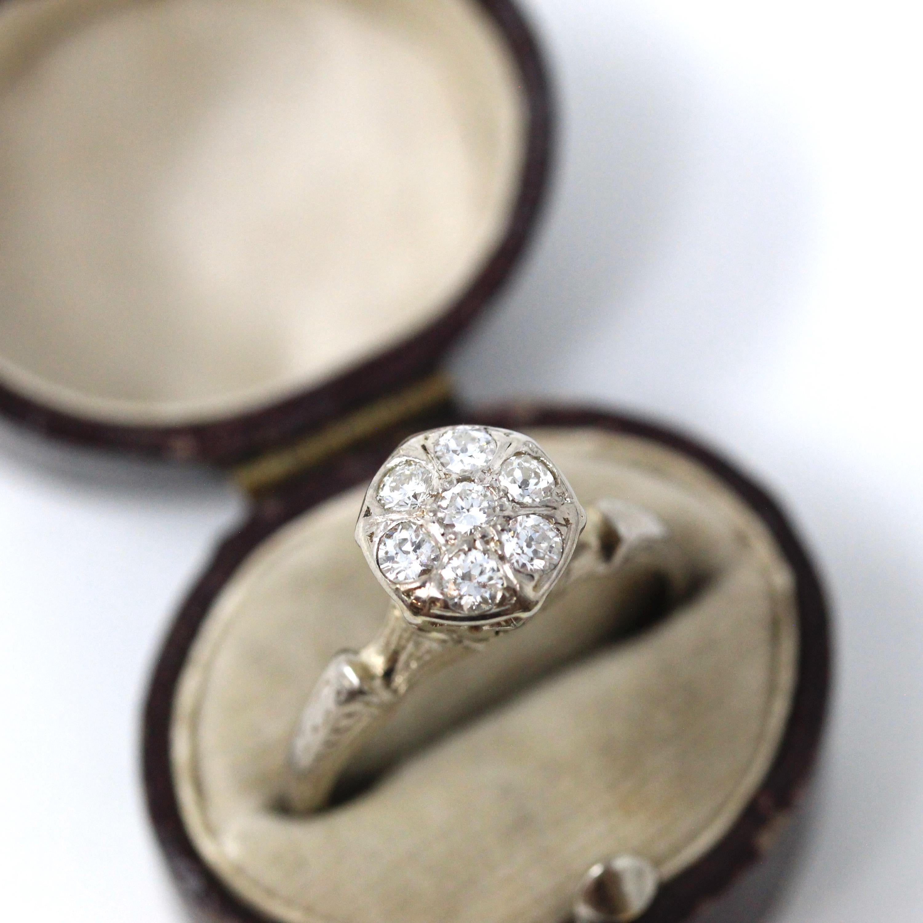 Art Deco Flower Ring - Vintage 14k White Gold Diamond 0.42 CTW Gemstone - Circa 1930s Era Size 7 1/2 Wheat Engraved Fine Statement Jewelry