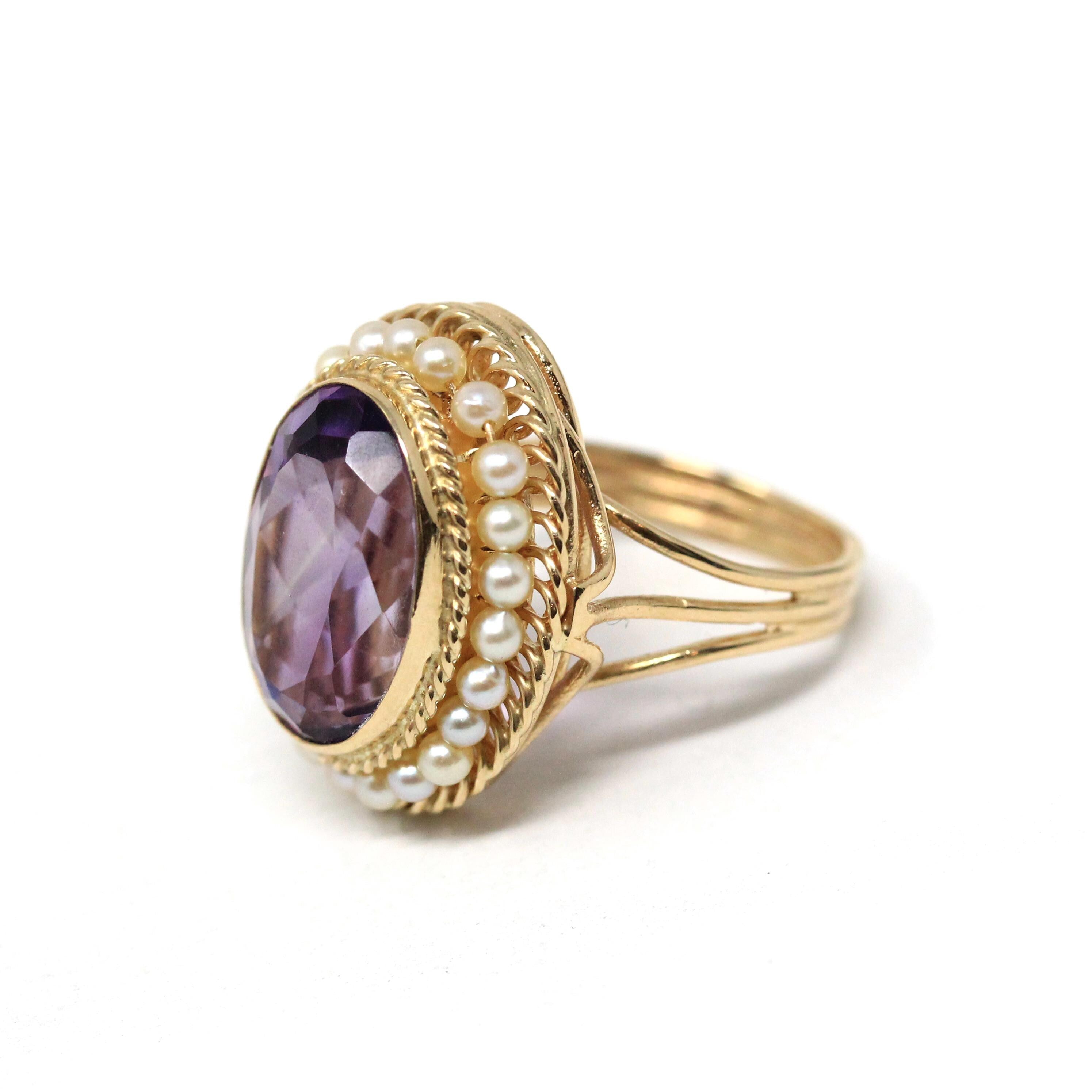 Mid Century Amethyst Ring - Vintage 14k Yellow Gold Purple Gemstone - Circa 1940s Era Size 7 3/4 Seed Pearl Halo Fine Statement Jewelry