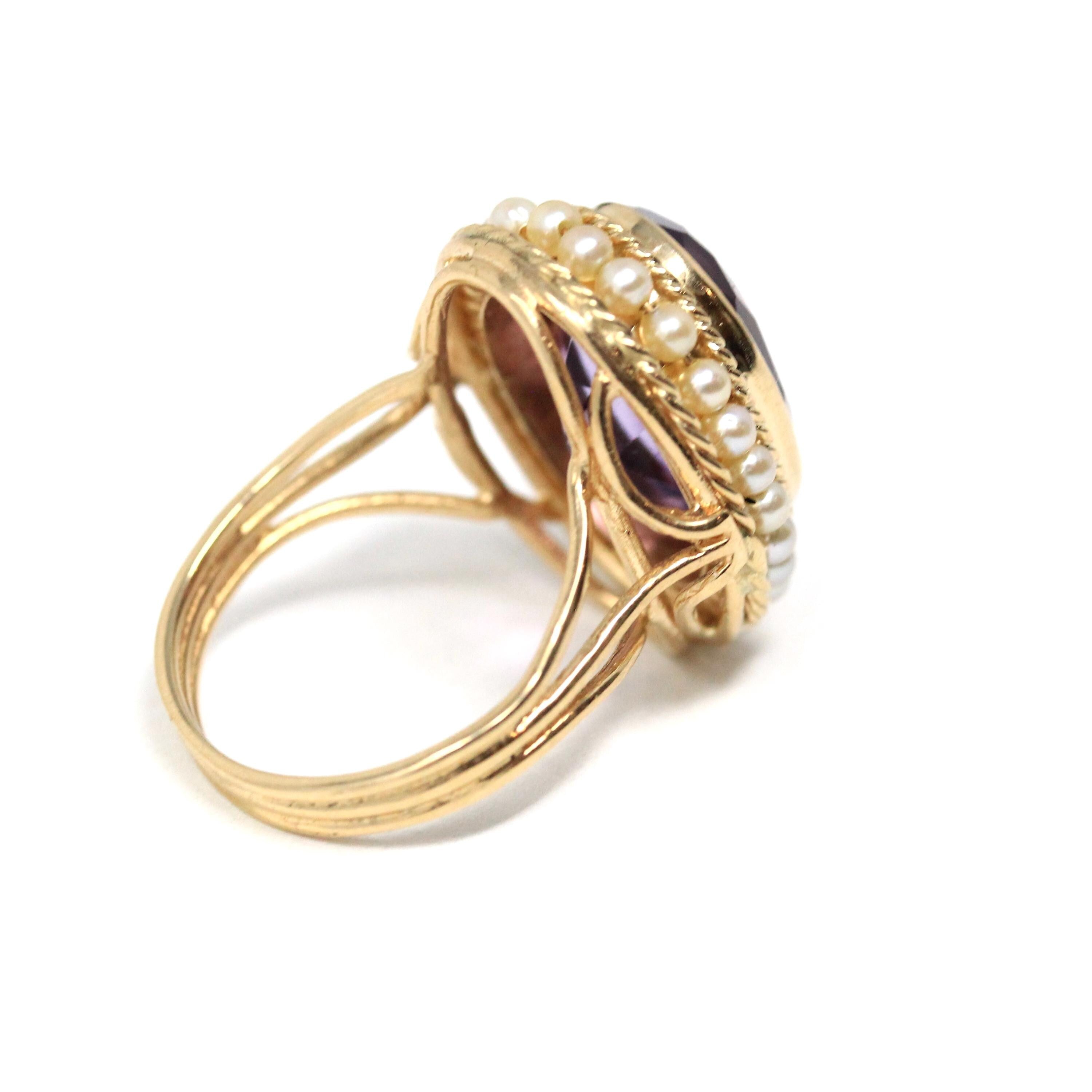 Mid Century Amethyst Ring - Vintage 14k Yellow Gold Purple Gemstone - Circa 1940s Era Size 7 3/4 Seed Pearl Halo Fine Statement Jewelry