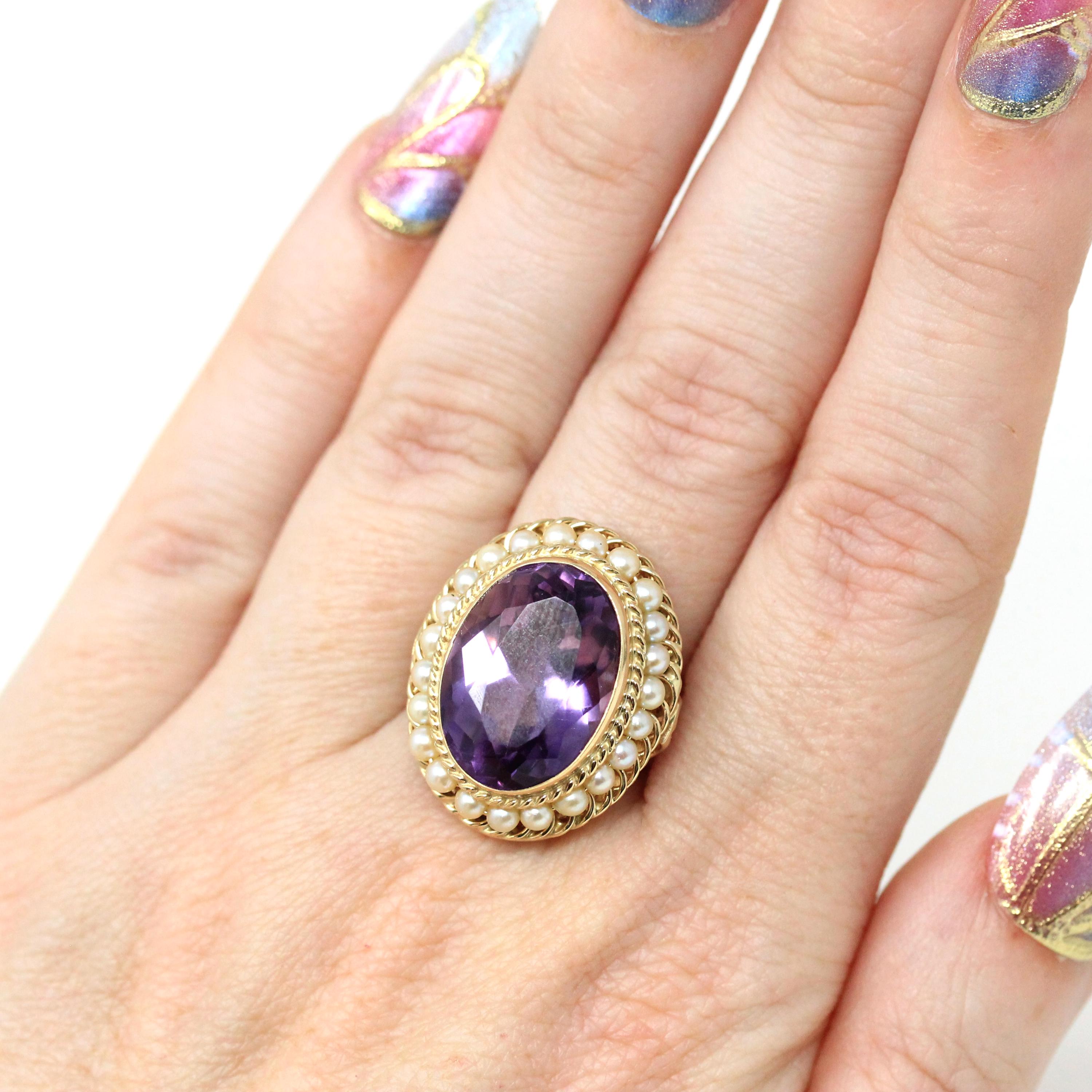 Mid Century Amethyst Ring - Vintage 14k Yellow Gold Purple Gemstone - Circa 1940s Era Size 7 3/4 Seed Pearl Halo Fine Statement Jewelry