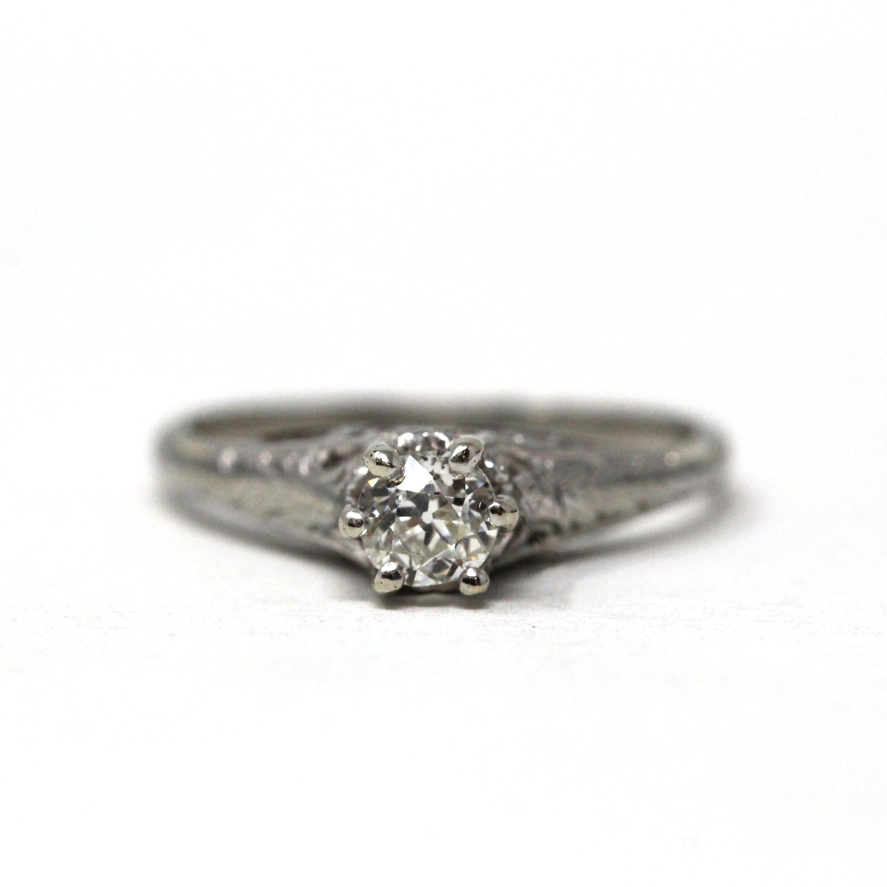 Vintage Diamond Ring - Art Deco 18k White Gold Natural Gemstone Basket Cathedral Solitaire - Circa 1930s Size 5 1/2 Filigree Fine Jewelry