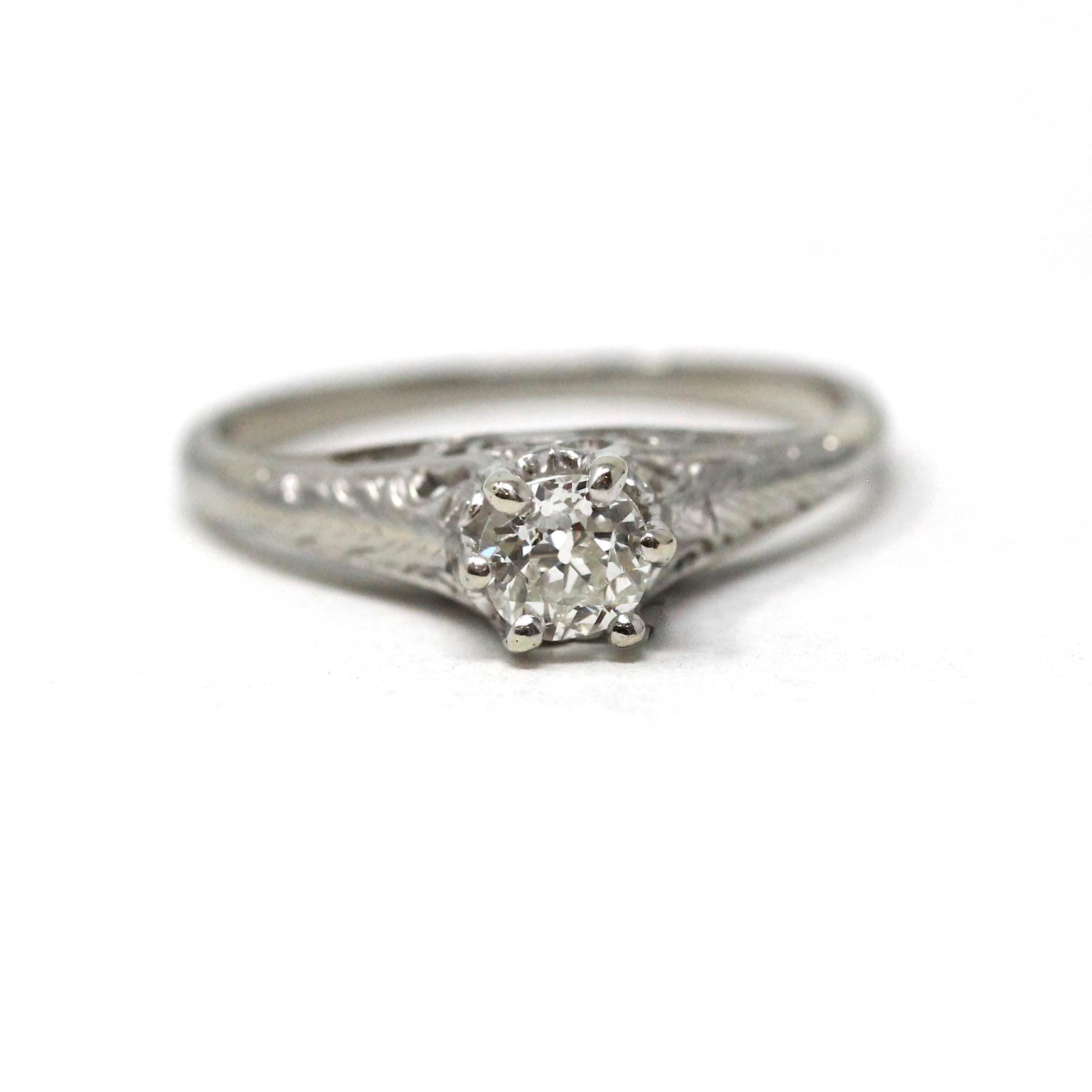 Vintage Diamond Ring - Art Deco 18k White Gold Natural Gemstone Basket Cathedral Solitaire - Circa 1930s Size 5 1/2 Filigree Fine Jewelry