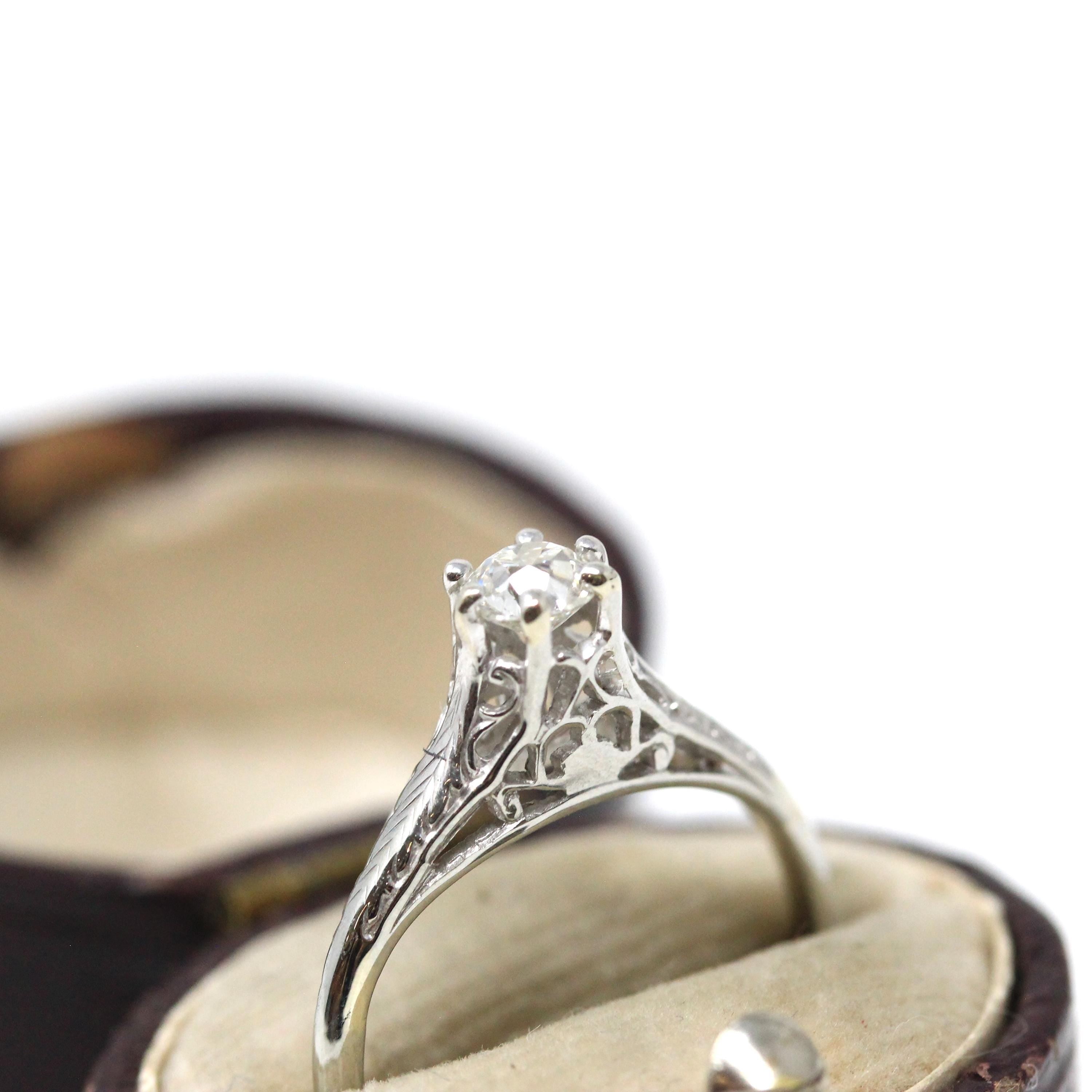 Vintage Diamond Ring - Art Deco 18k White Gold Natural Gemstone Basket Cathedral Solitaire - Circa 1930s Size 5 1/2 Filigree Fine Jewelry