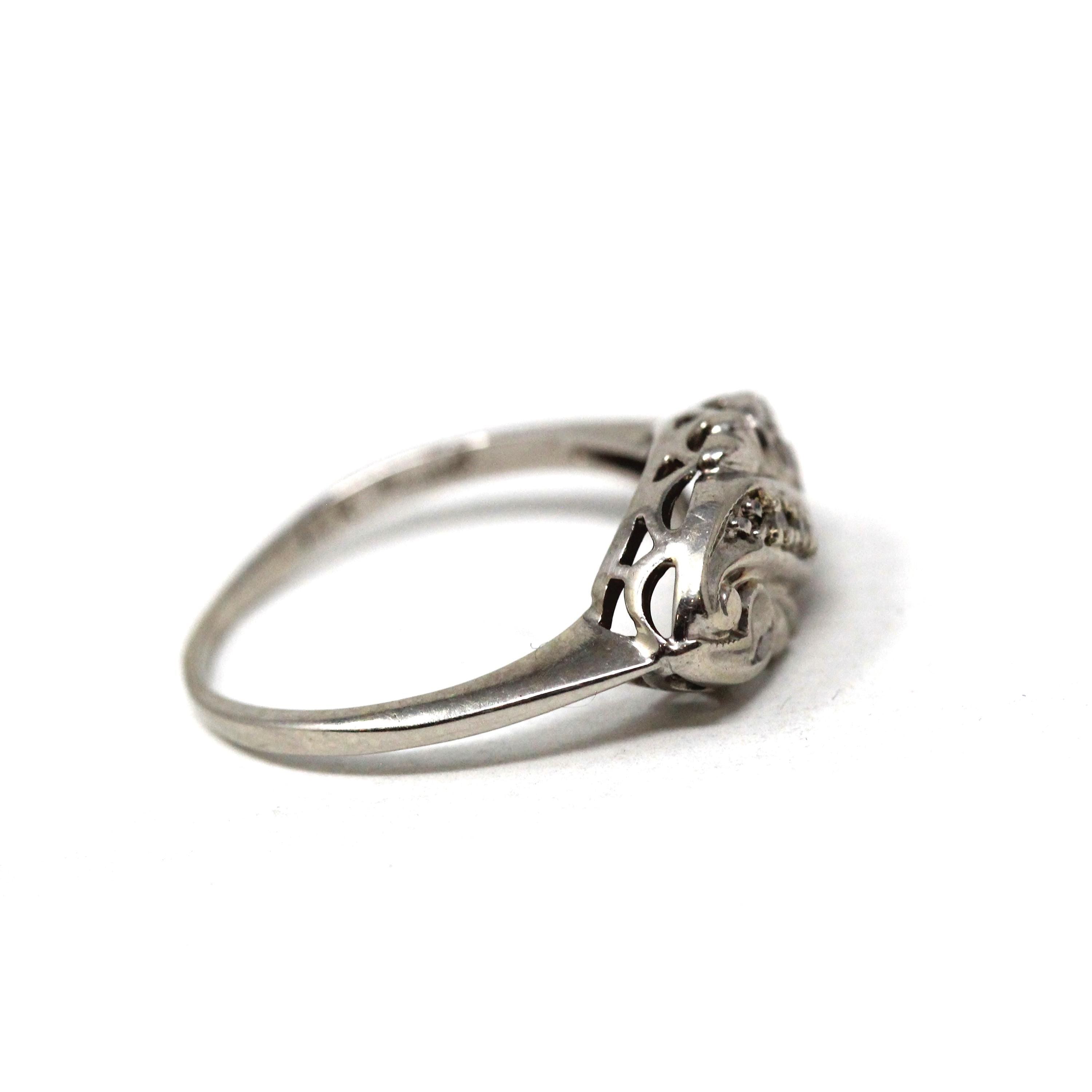 Mid Century Ring - Vintage 14k White Gold Three Natural .015 CTW Diamonds - Circa 1950s Era Size 7 1/2 Swirl Design Fine Statement Jewelry