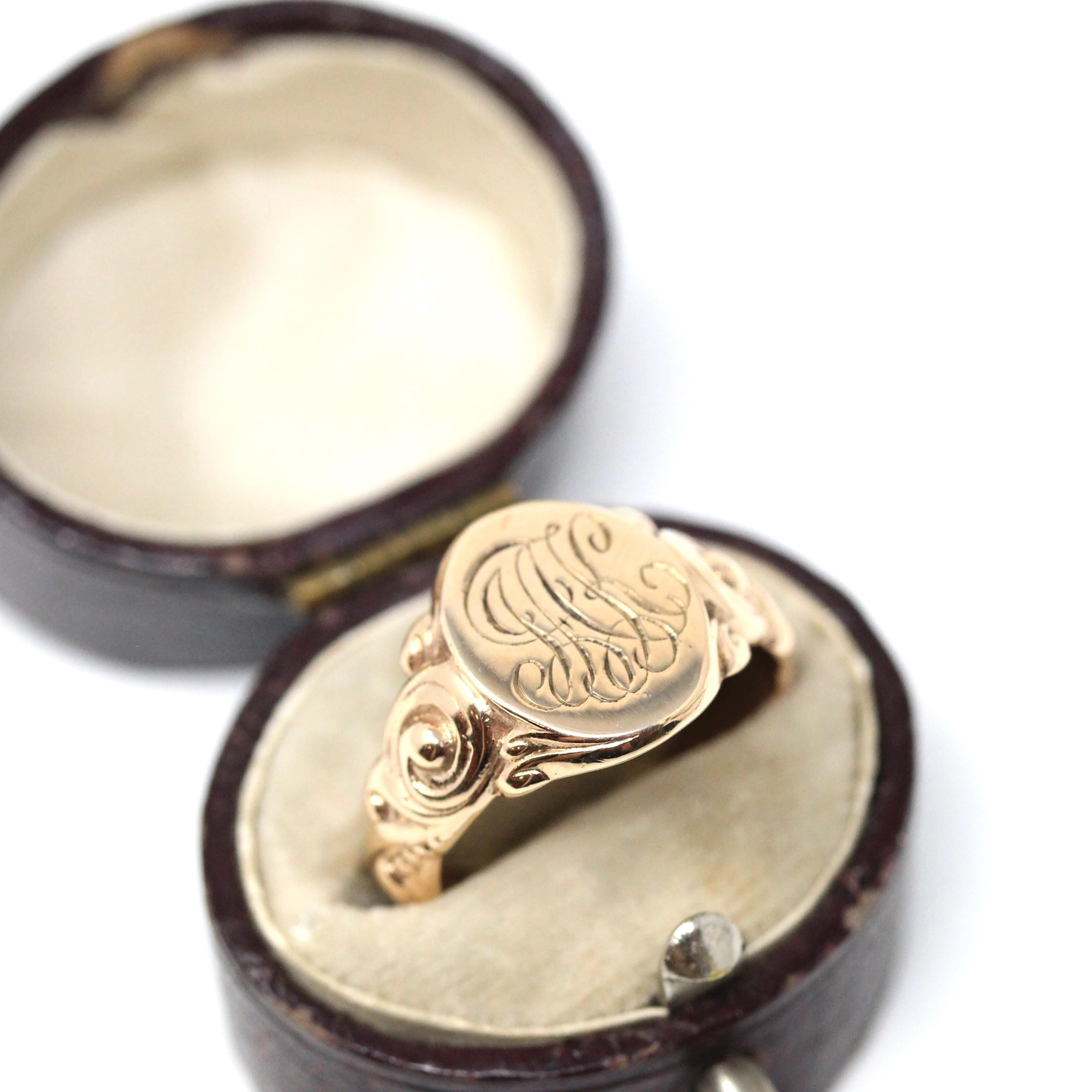 Edwardian Signet Ring - Antique 10k Rosy Yellow Gold JAK Engraved Monogram Initials - Art Nouveau 1910s Era Size 6 1/2 Fine Scroll Jewelry