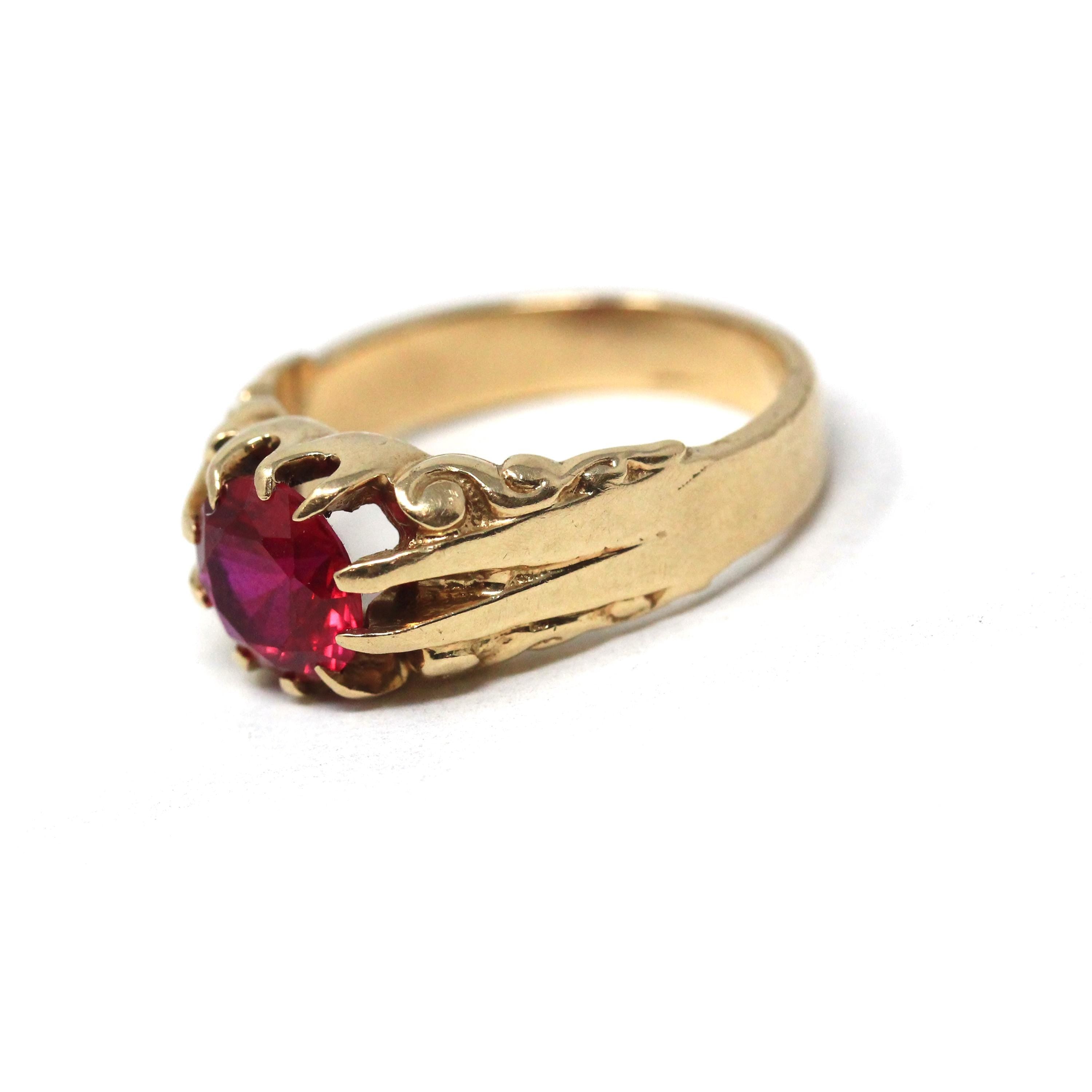 Created Ruby Ring - Mid Century 10k Yellow Gold Round Faceted July Birthstone - Vintage Circa 1940s Era Size 8 3/4 Statement Fine Jewelry