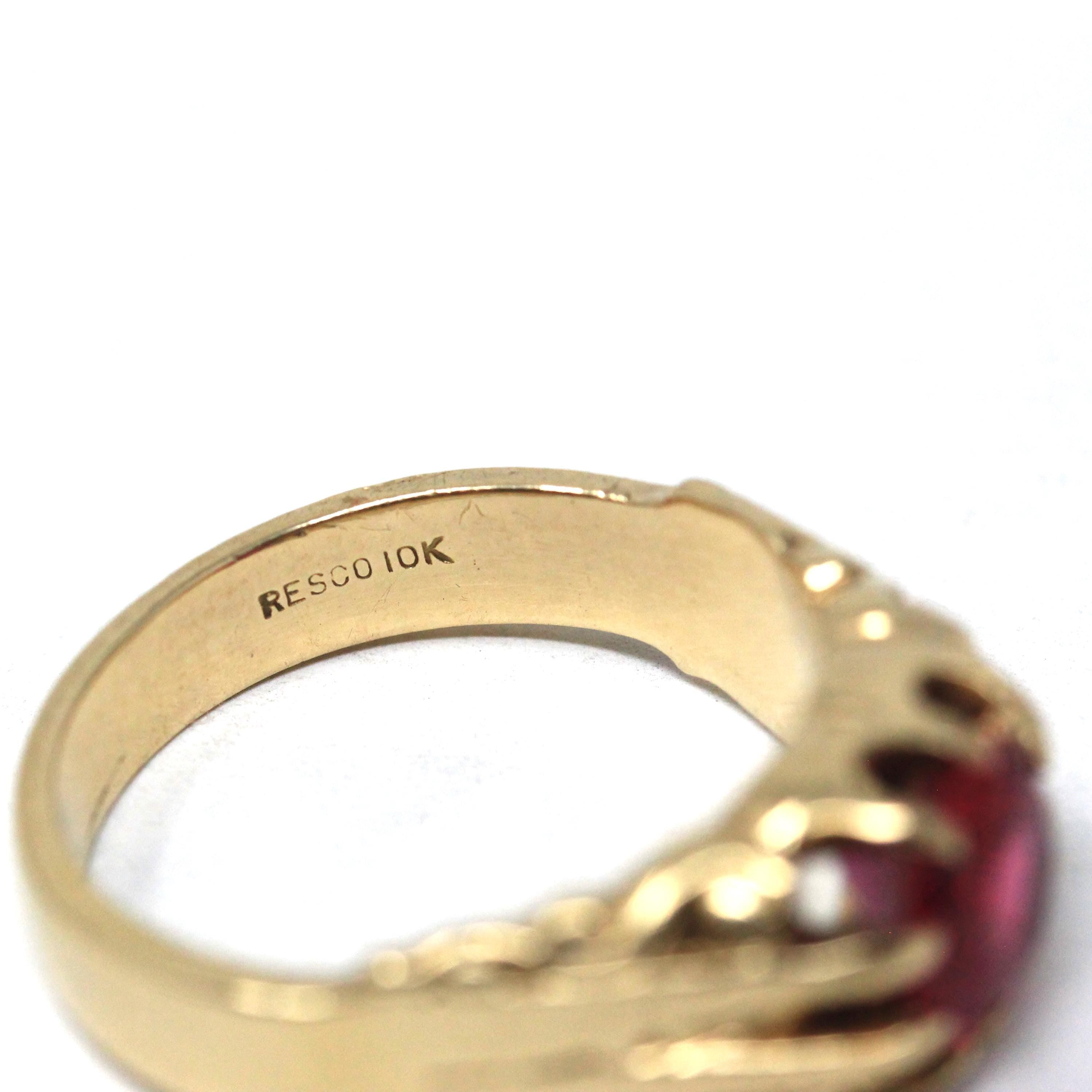 Created Ruby Ring - Mid Century 10k Yellow Gold Round Faceted July Birthstone - Vintage Circa 1940s Era Size 8 3/4 Statement Fine Jewelry