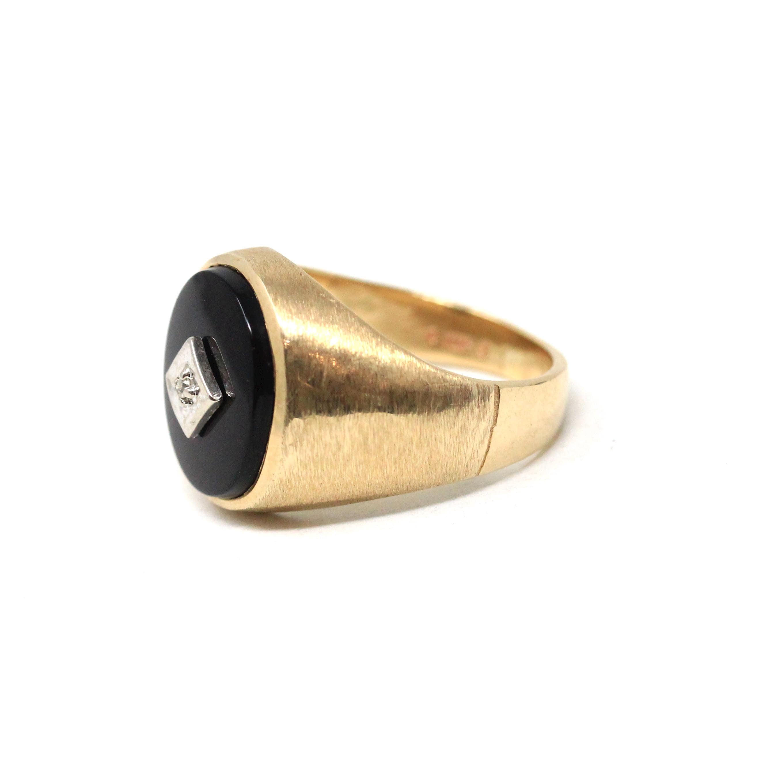 Vintage Onyx Ring - Retro 10k Yellow Gold Black Oval Gemstone & Diamond Statement - Circa 1960s Era Size 7 1/4 Two Tone Fine 60s Jewelry