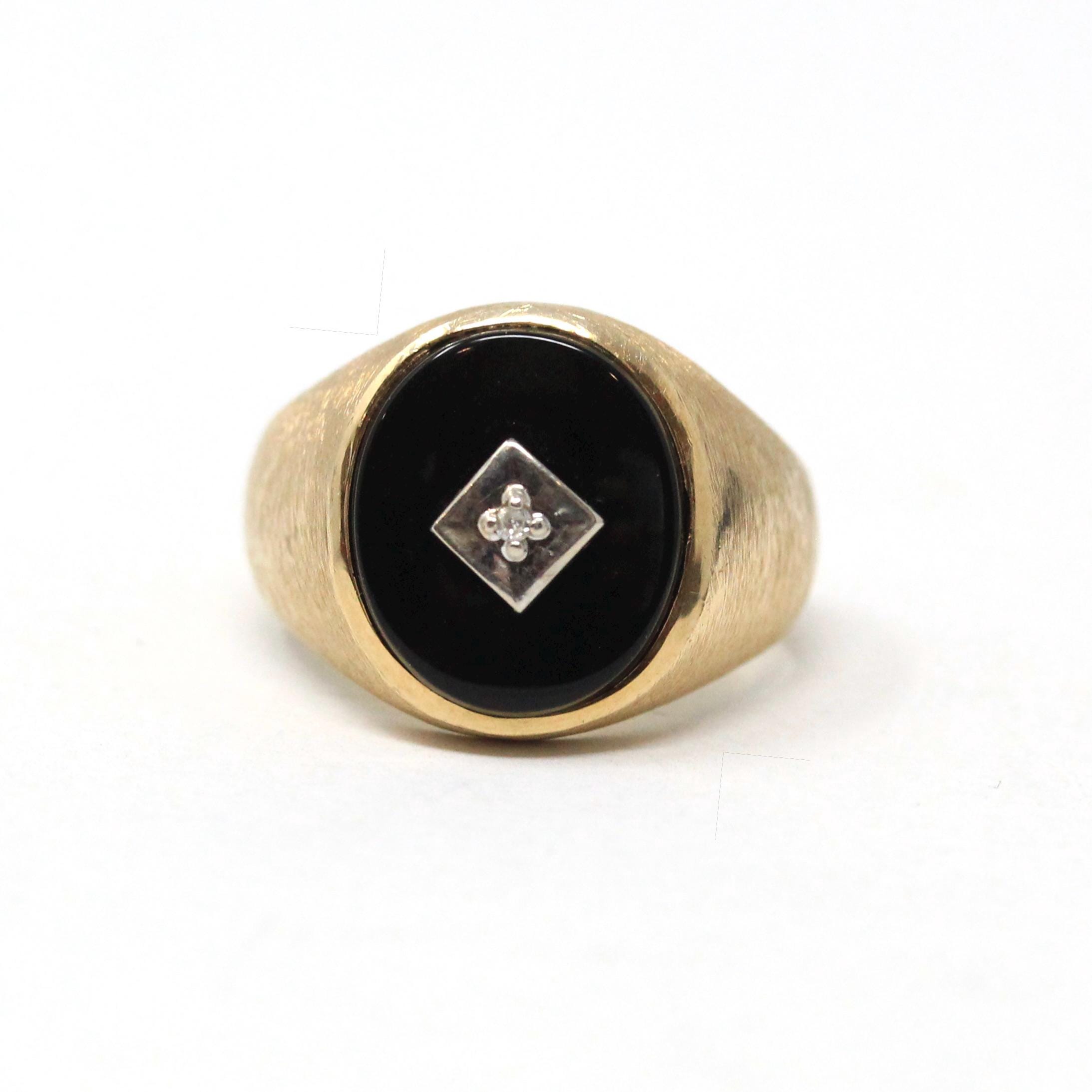 Vintage Onyx Ring - Retro 10k Yellow Gold Black Oval Gemstone & Diamond Statement - Circa 1960s Era Size 7 1/4 Two Tone Fine 60s Jewelry