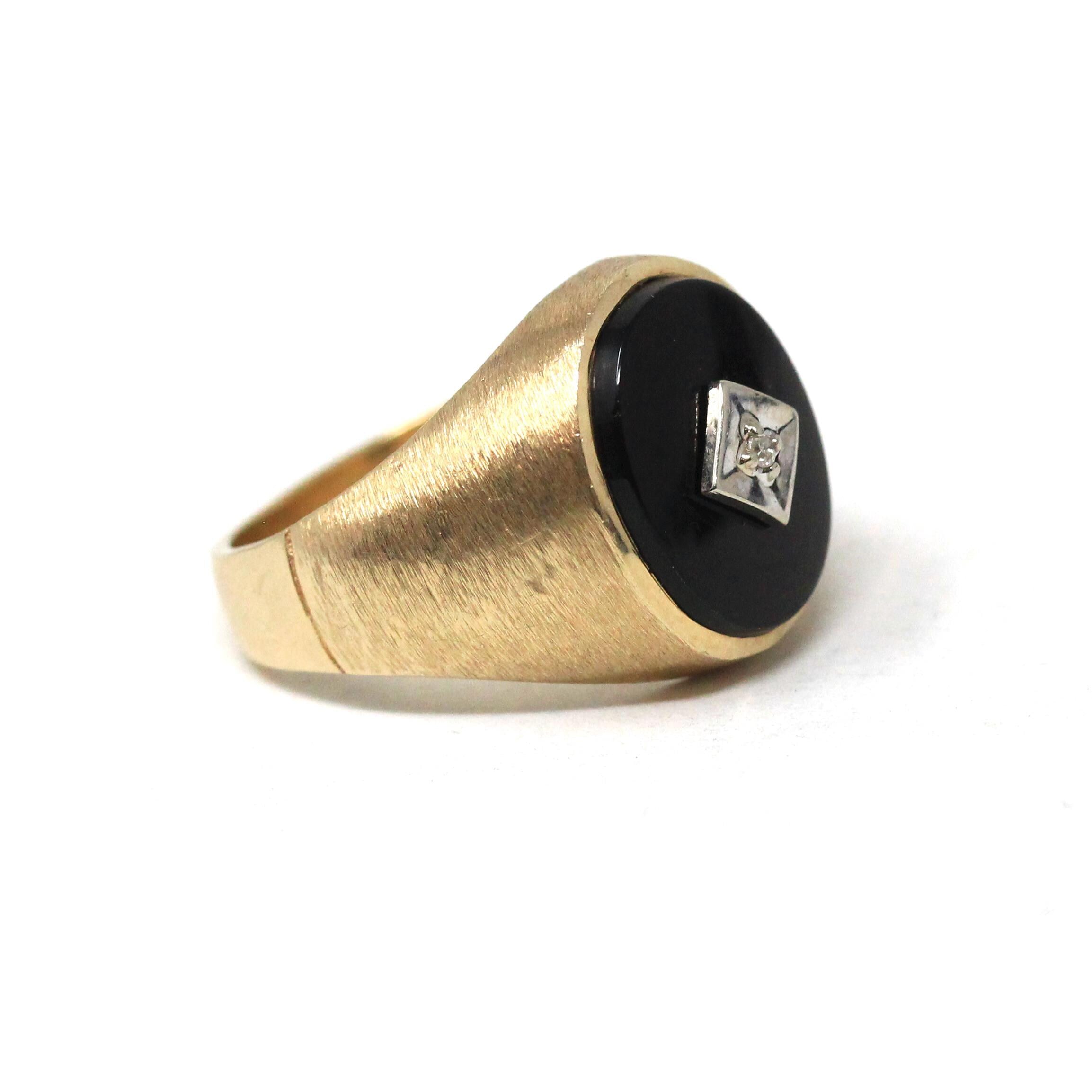 Vintage Onyx Ring - Retro 10k Yellow Gold Black Oval Gemstone & Diamond Statement - Circa 1960s Era Size 7 1/4 Two Tone Fine 60s Jewelry