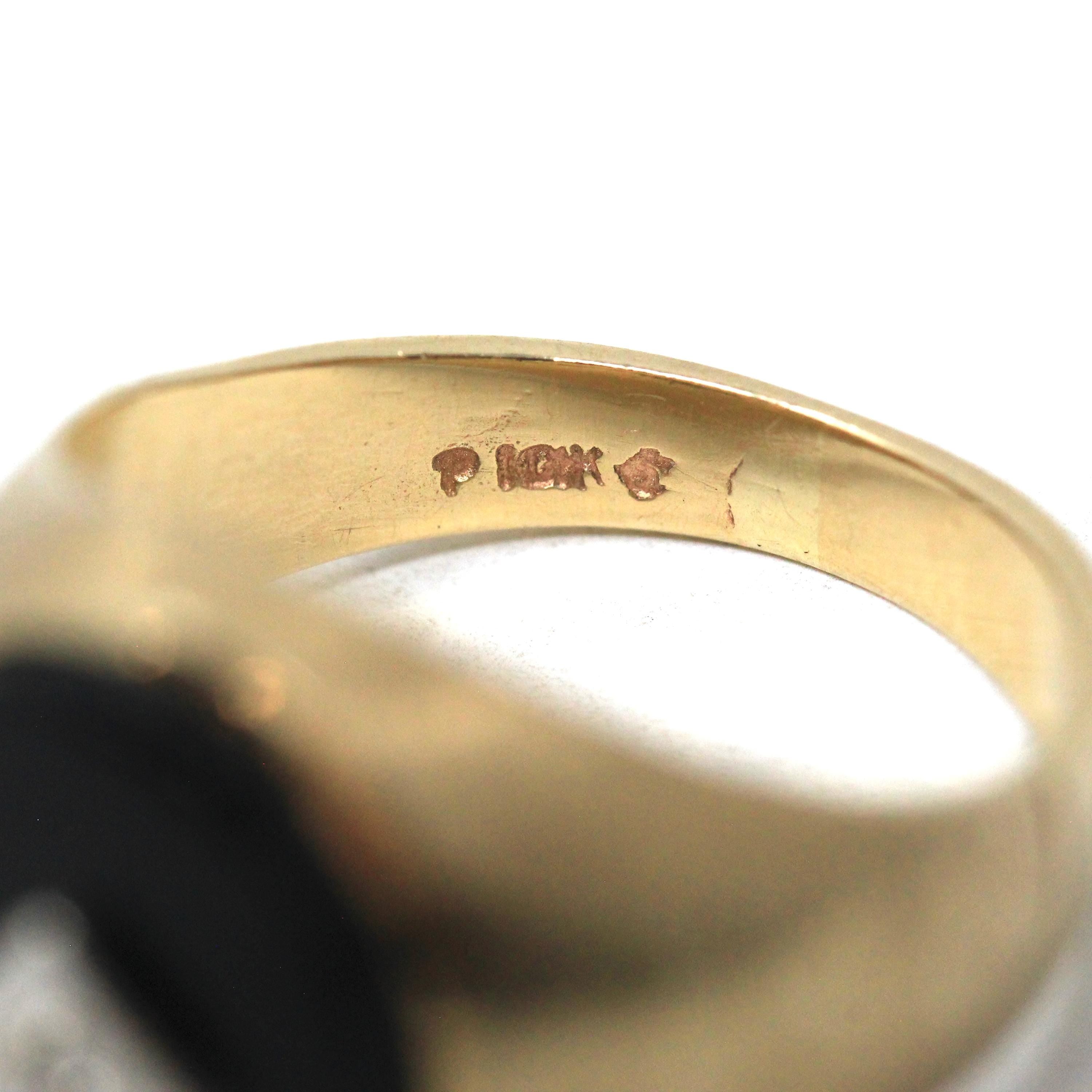 Vintage Onyx Ring - Retro 10k Yellow Gold Black Oval Gemstone & Diamond Statement - Circa 1960s Era Size 7 1/4 Two Tone Fine 60s Jewelry