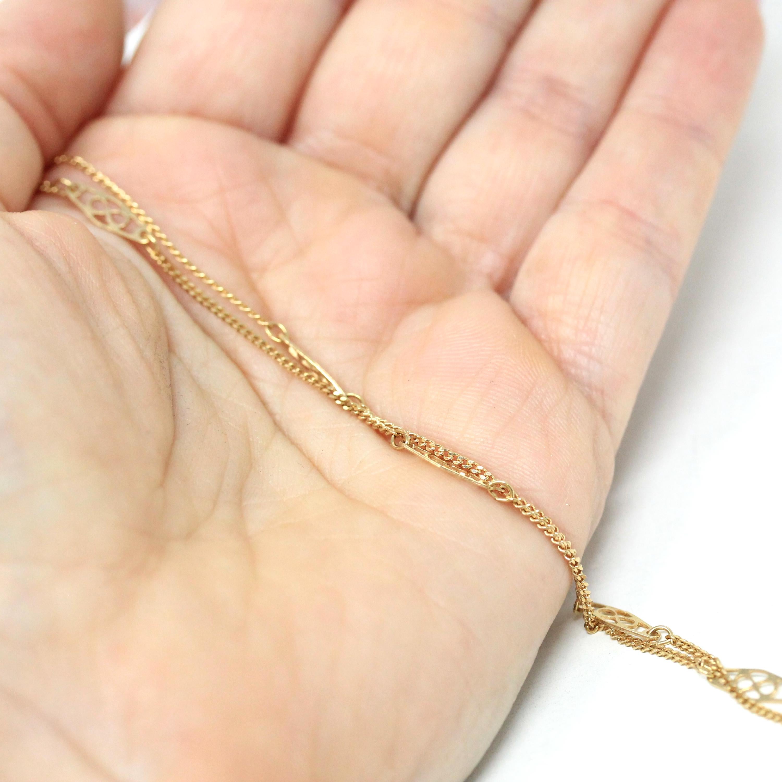 Delicate Retro Necklace - Vintage 70s 14k Infinity Symbol Filigree Style Stations & Curb Chain - Circa 1970s - 19 Inches Retro Era Jewelry